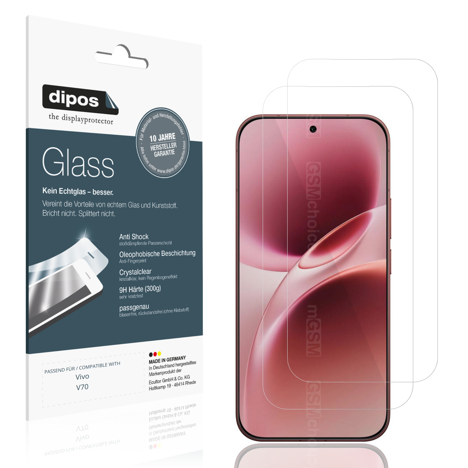 Klare Displayschutzfolie von dipos passend für Vivo V70, 9H kratzfest und blasenfrei montiert