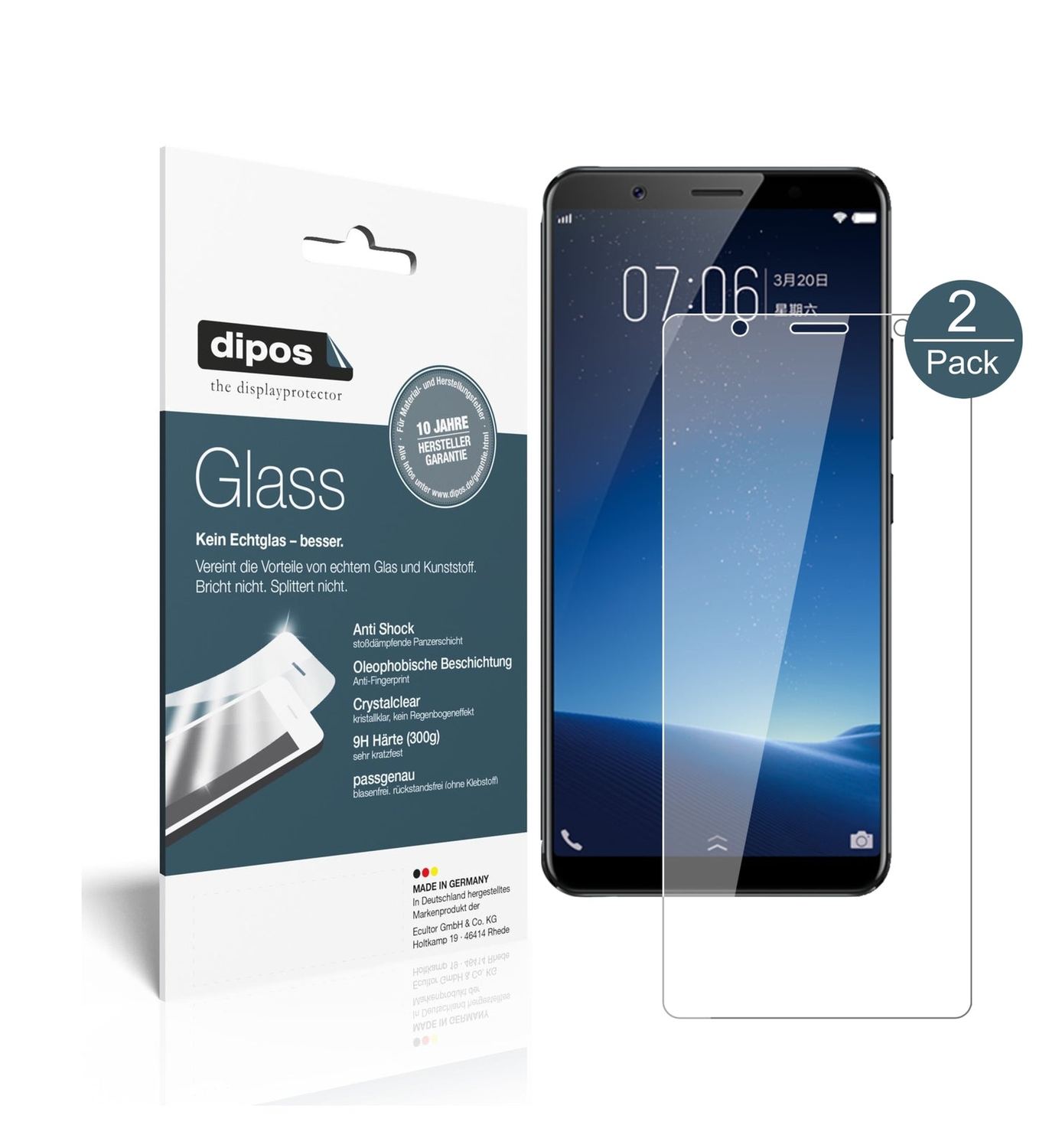 Klare Displayschutzfolie von dipos passend für Vivo X20 Plus, 9H kratzfest und blasenfrei montiert