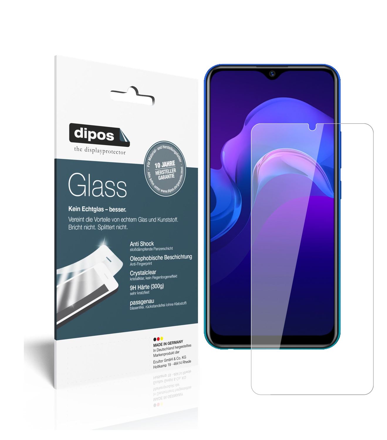 Klare Displayschutzfolie von dipos passend für Vivo Y11 (2019), 9H kratzfest und blasenfrei montiert