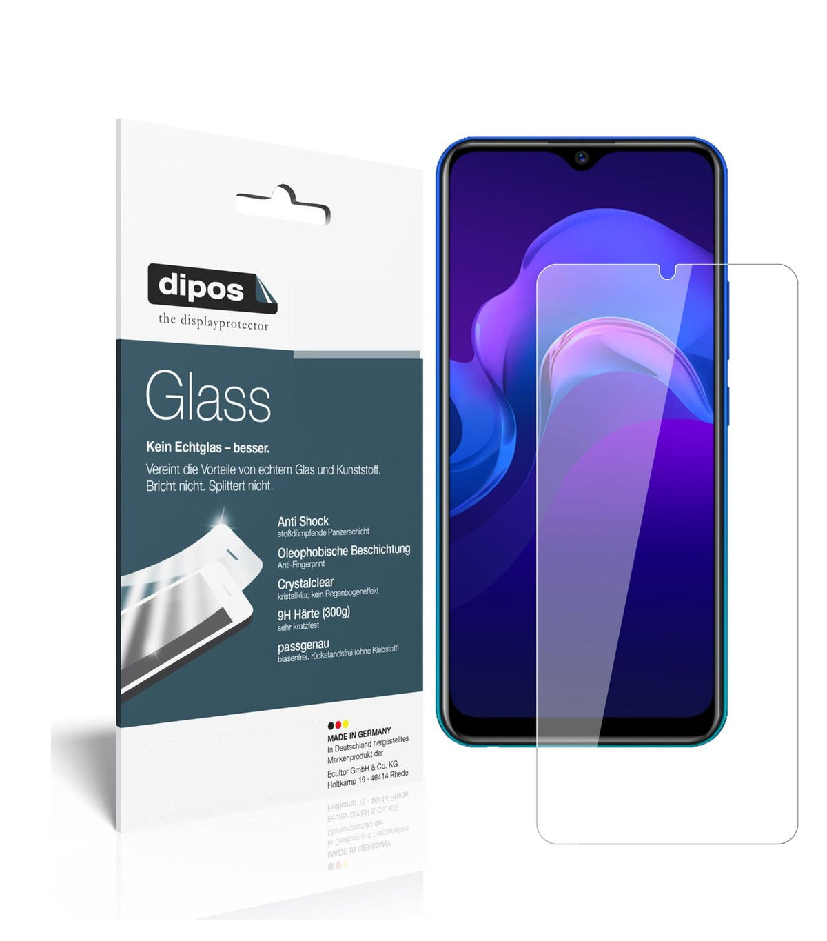 Klare Displayschutzfolie von dipos passend für Vivo Y12, 9H kratzfest und blasenfrei montiert