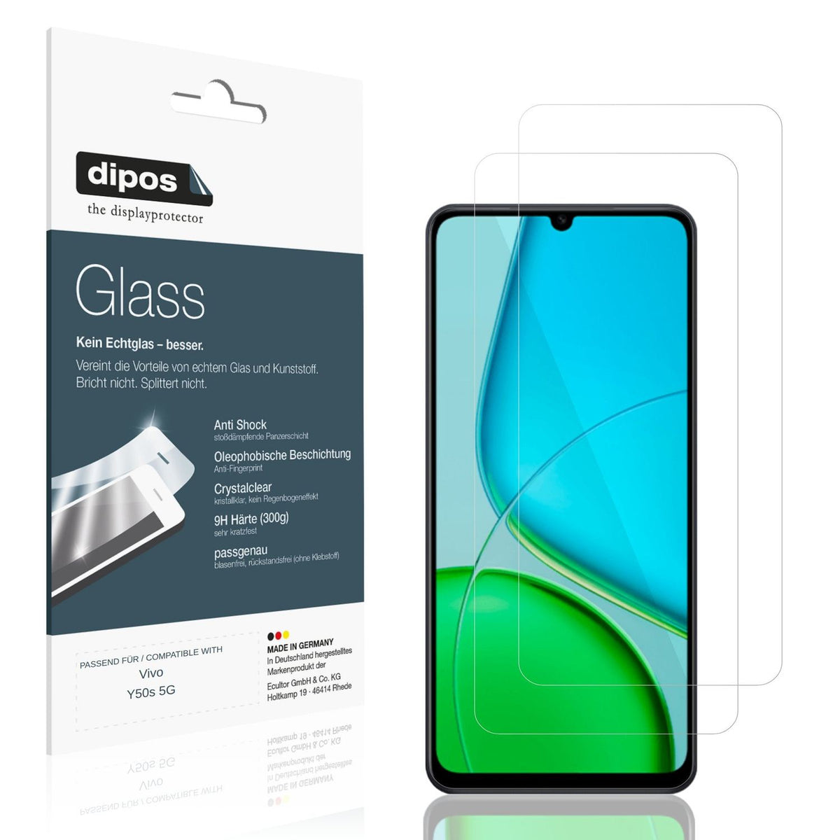 Klare Displayschutzfolie von dipos passend für Vivo Y50s 5G, 9H kratzfest und blasenfrei montiert