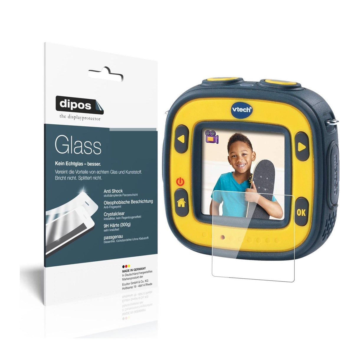 Klare Displayschutzfolie von dipos passend für Vtech Kidizoom Action Cam, 9H kratzfest und blasenfrei montiert