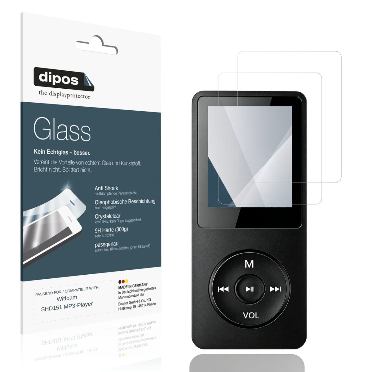 Klare Displayschutzfolie von dipos passend für Witfoam SHD151 MP3-Player, 9H kratzfest und blasenfrei montiert