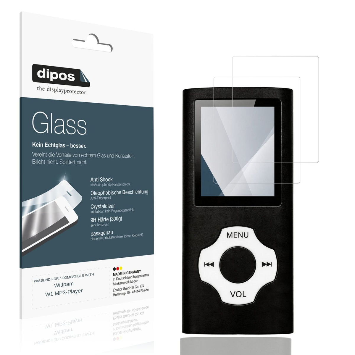 Klare Displayschutzfolie von dipos passend für Witfoam W1 MP3-Player, 9H kratzfest und blasenfrei montiert