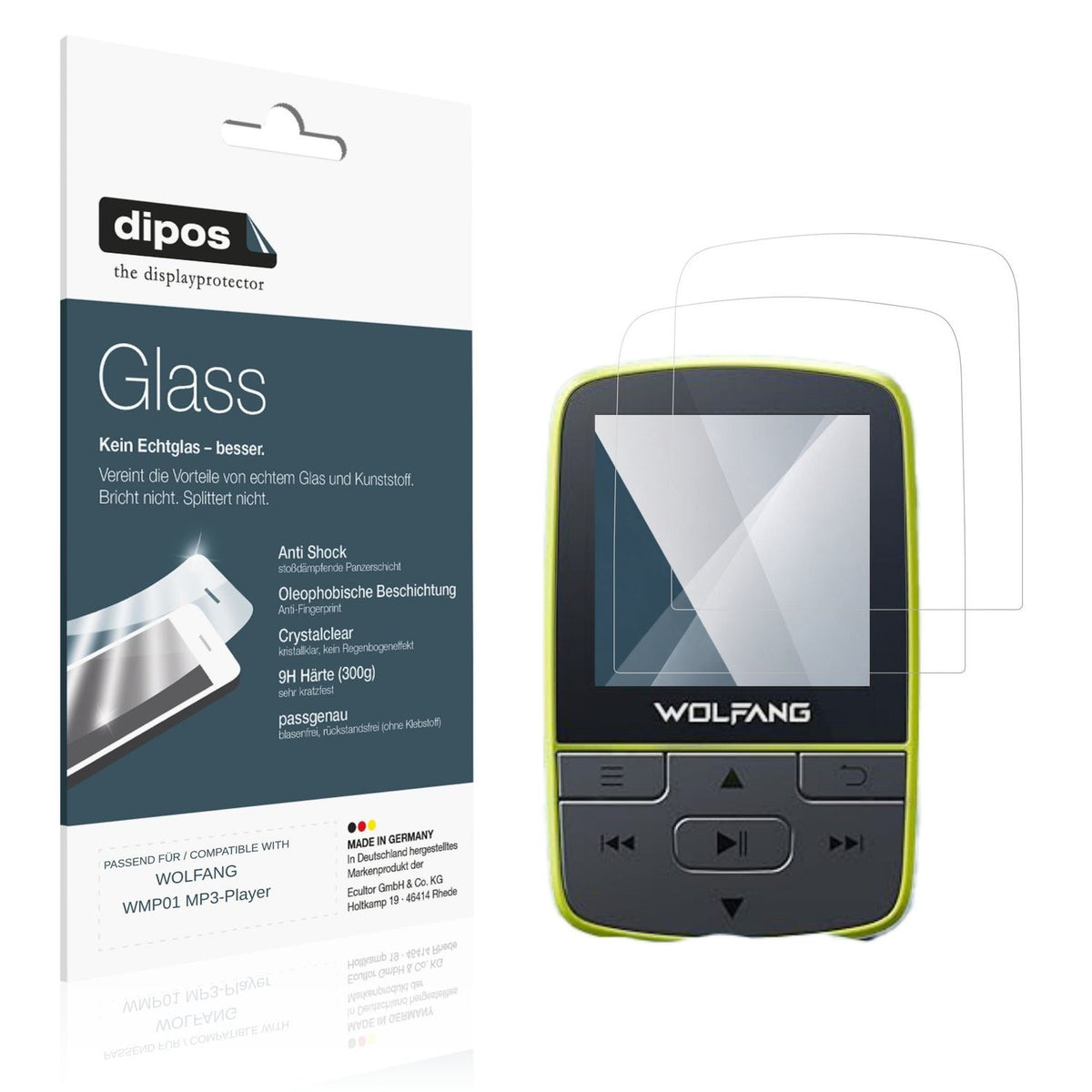 Klare Displayschutzfolie von dipos passend für WOLFANG WMP01 MP3-Player, 9H kratzfest und blasenfrei montiert
