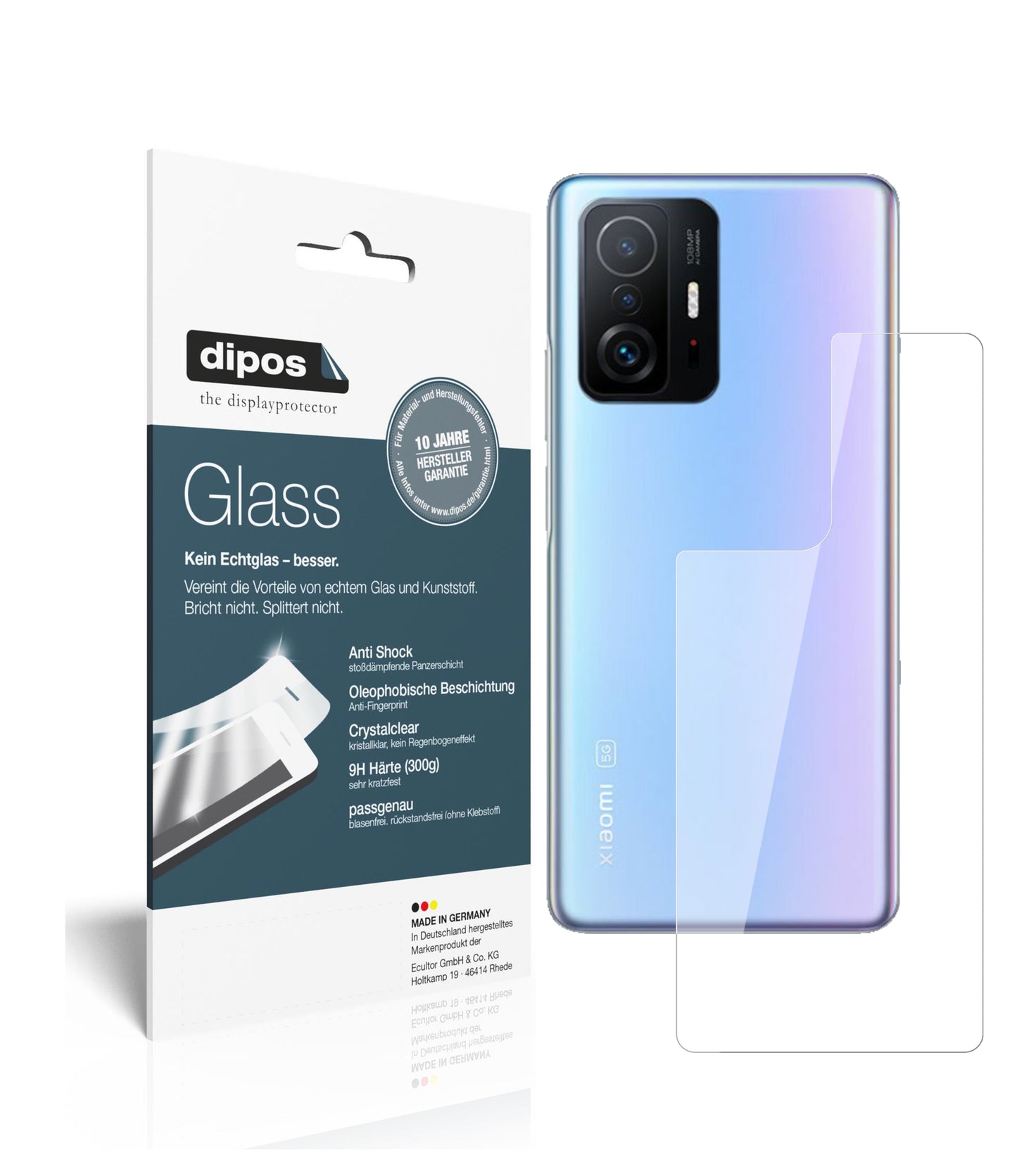 Klare Displayschutzfolie von dipos passend für Xiaomi 11T Pro Rückseite, 9H kratzfest und blasenfrei montiert