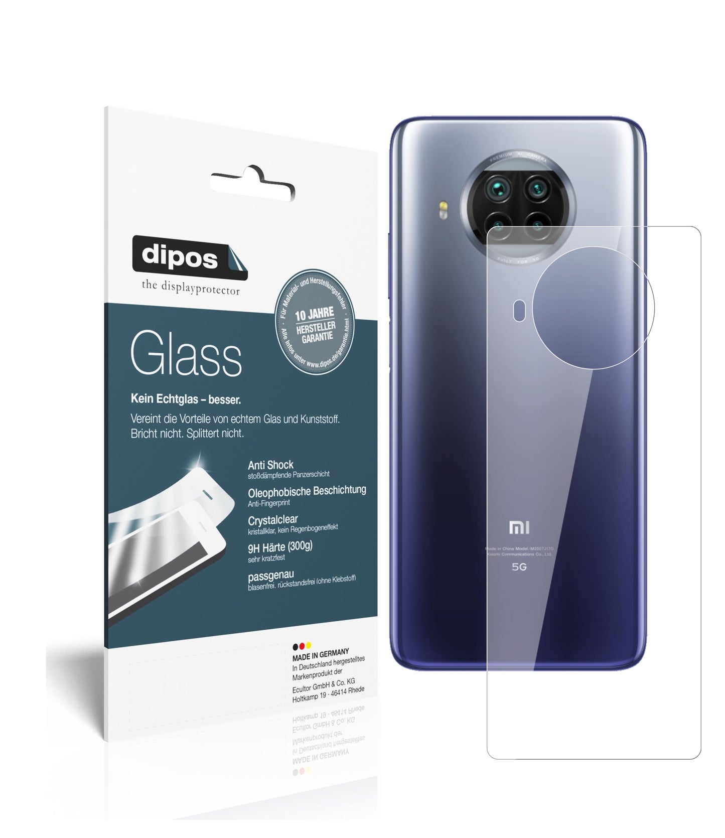 Klare Displayschutzfolie von dipos passend für Xiaomi Mi 10T Lite Rückseite, 9H kratzfest und blasenfrei montiert