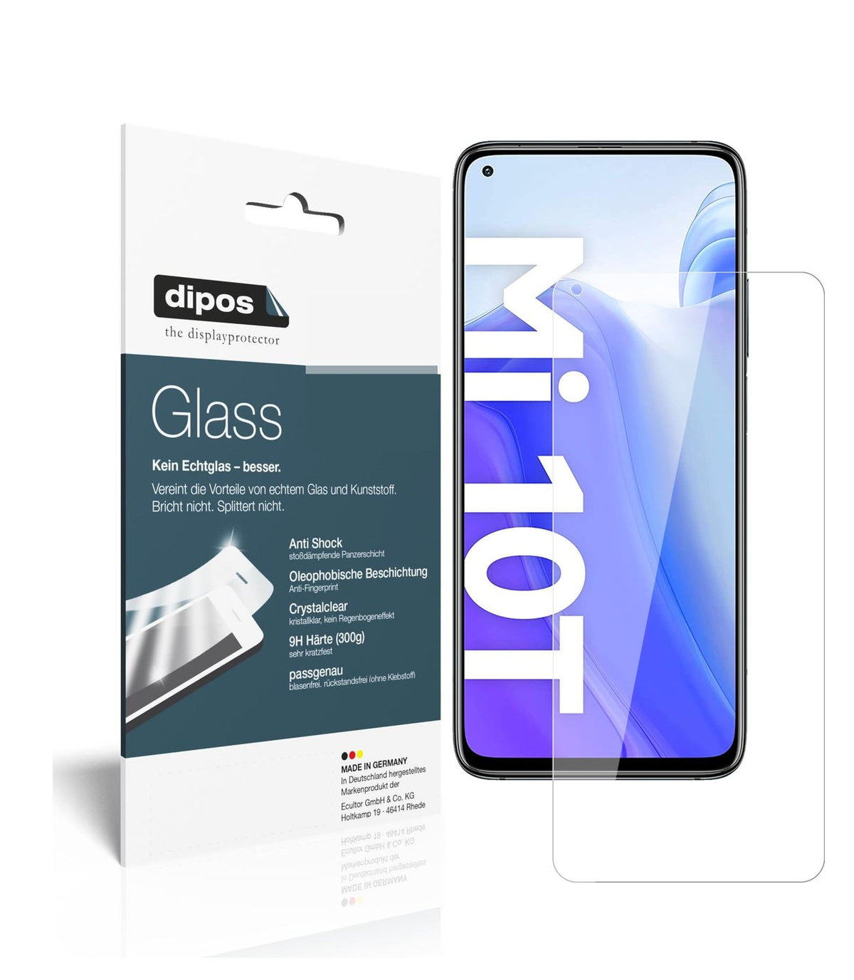 Klare Displayschutzfolie von dipos passend für Xiaomi Mi 10T, 9H kratzfest und blasenfrei montiert