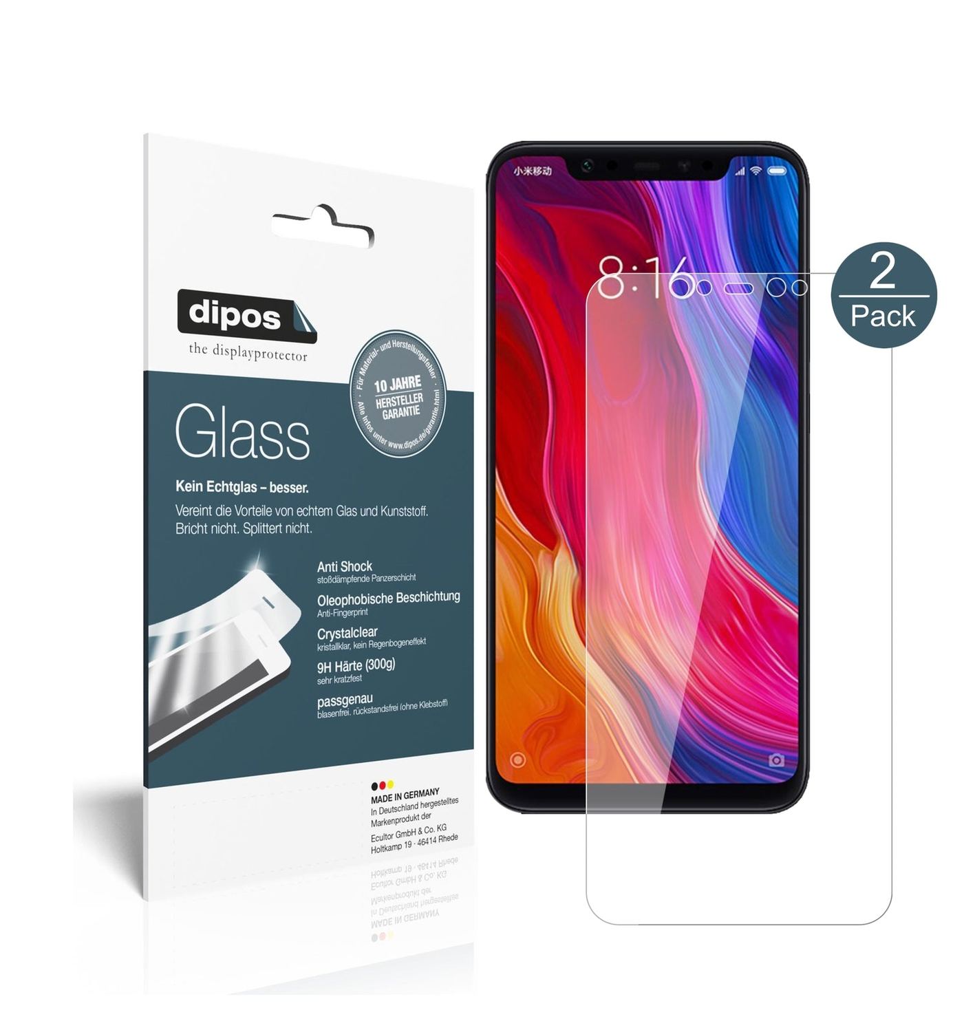 Klare Displayschutzfolie von dipos passend für Xiaomi Mi 8, 9H kratzfest und blasenfrei montiert