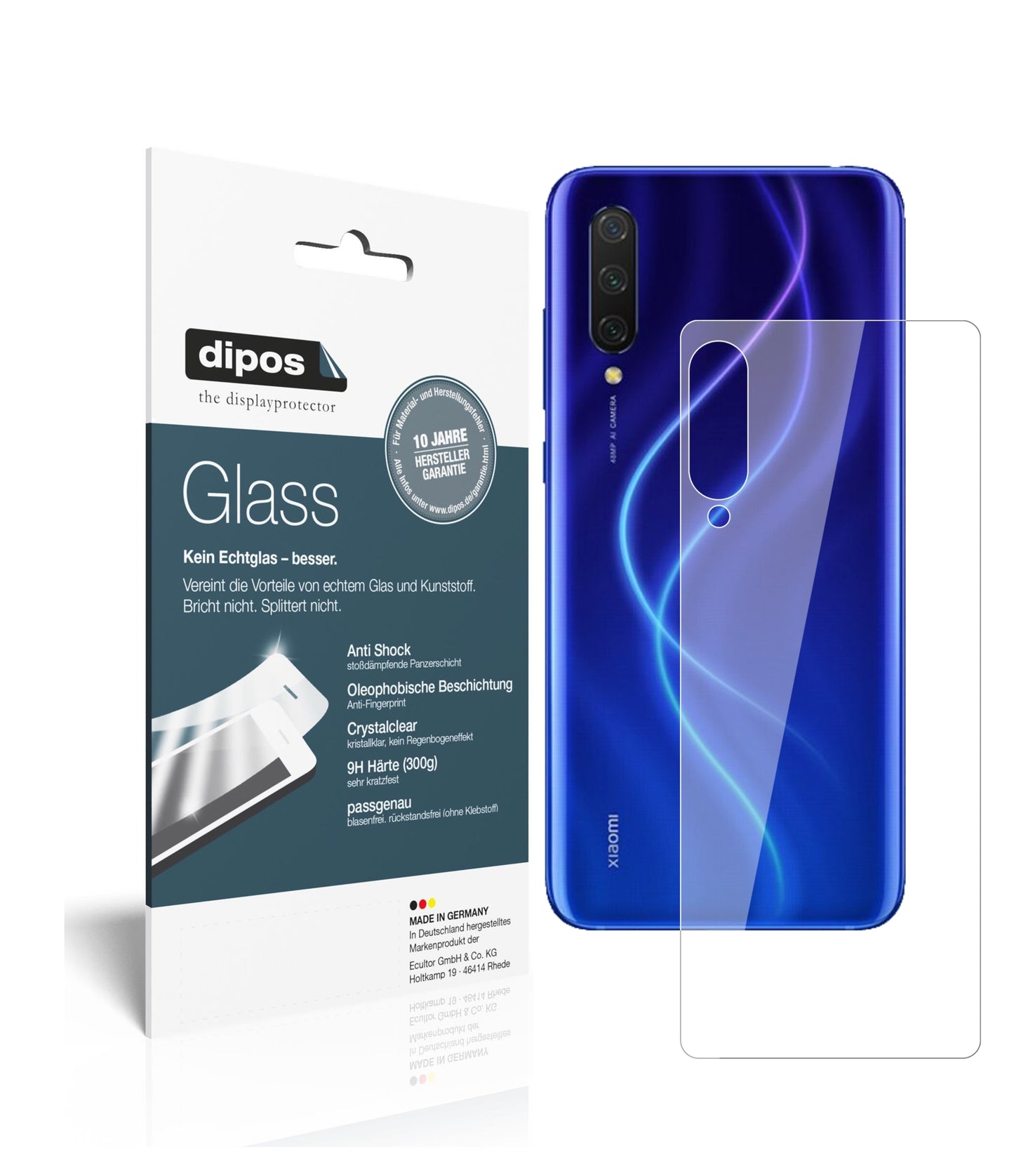Klare Displayschutzfolie von dipos passend für Xiaomi Mi CC9e Rückseite, 9H kratzfest und blasenfrei montiert