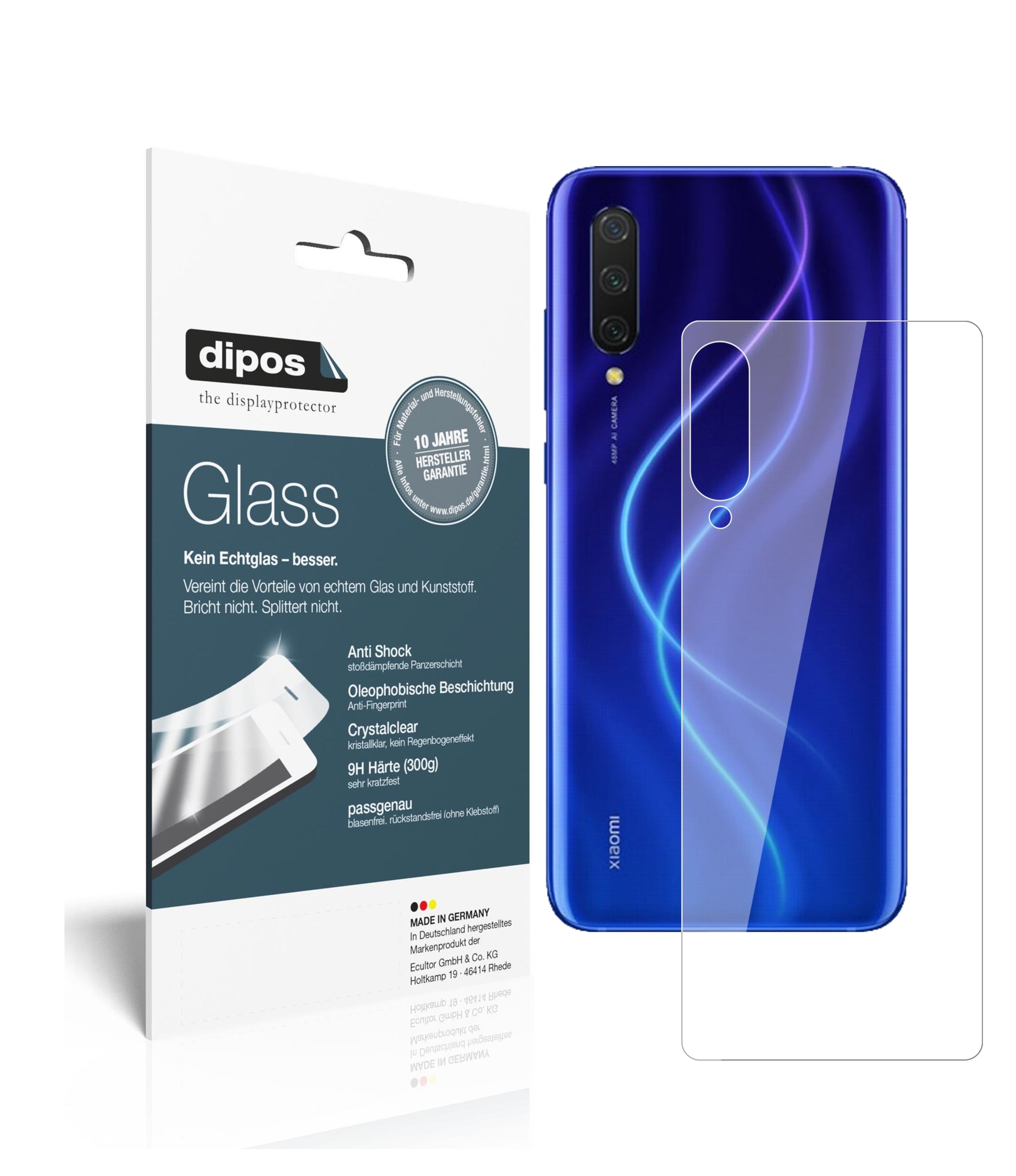 Klare Displayschutzfolie von dipos passend für Xiaomi Mi CC9e Rückseite, 9H kratzfest und blasenfrei montiert