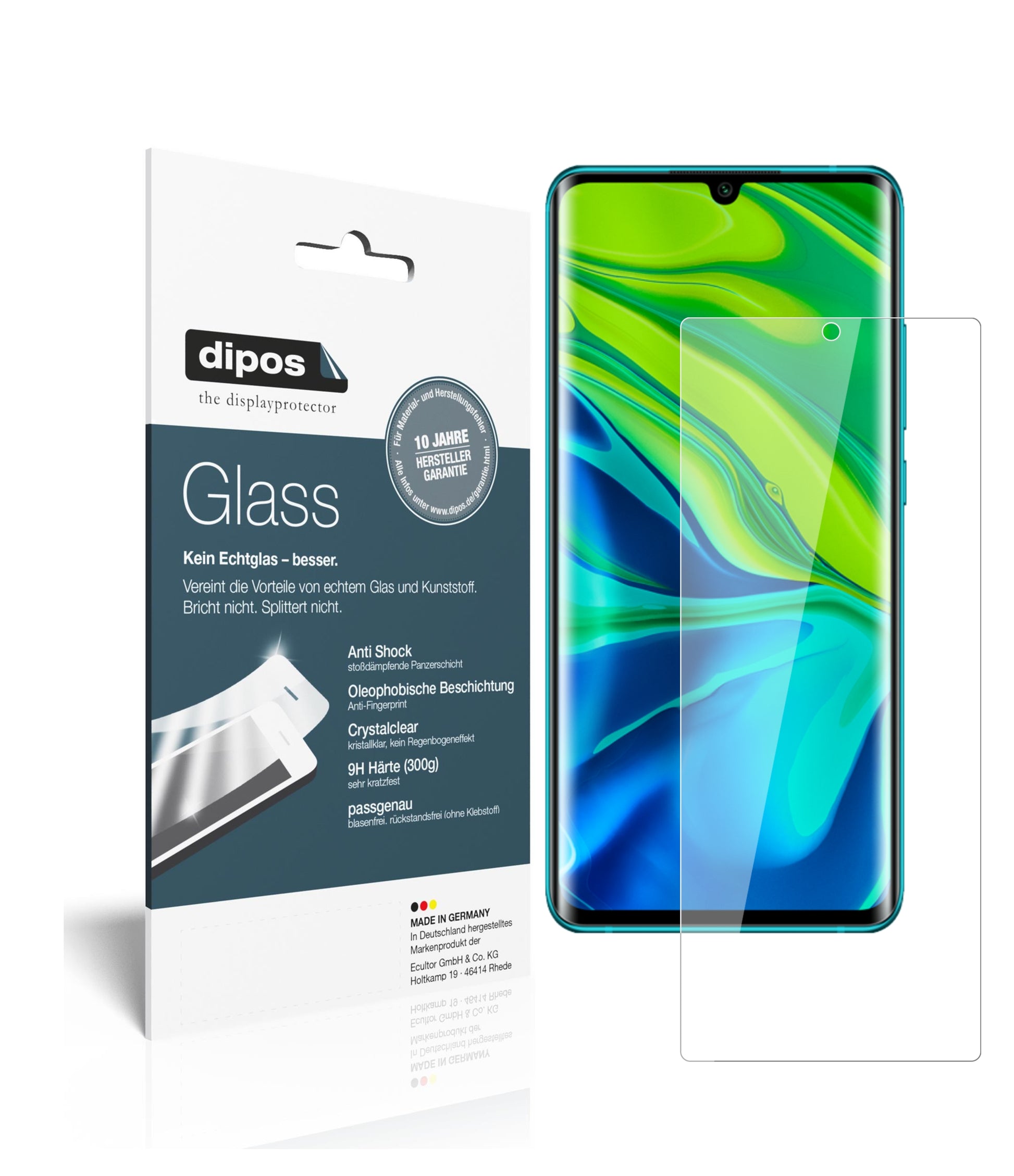 Klare Displayschutzfolie von dipos passend für Xiaomi Mi Note 10 Pro, 9H kratzfest und blasenfrei montiert