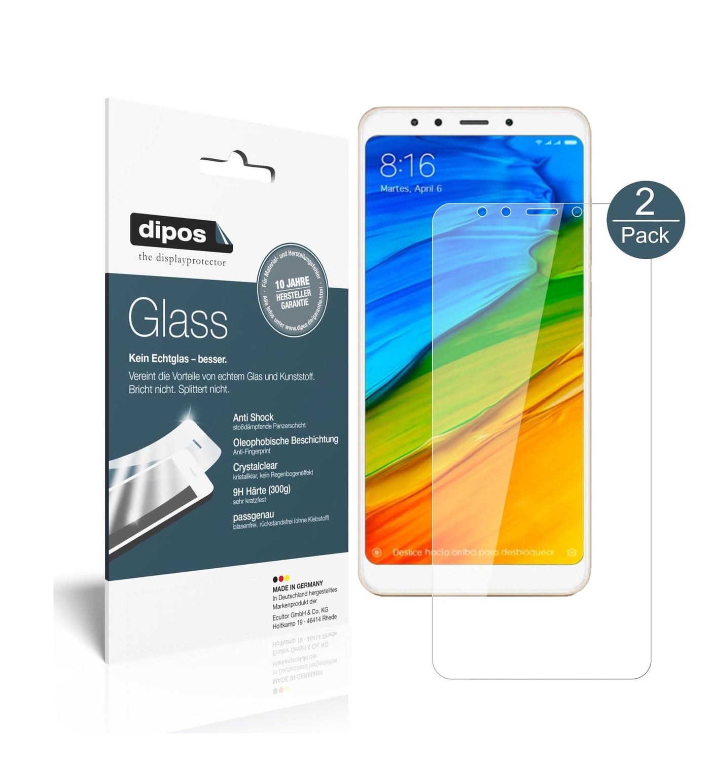 Klare Displayschutzfolie von dipos passend für Xiaomi Redmi 5 Plus, 9H kratzfest und blasenfrei montiert