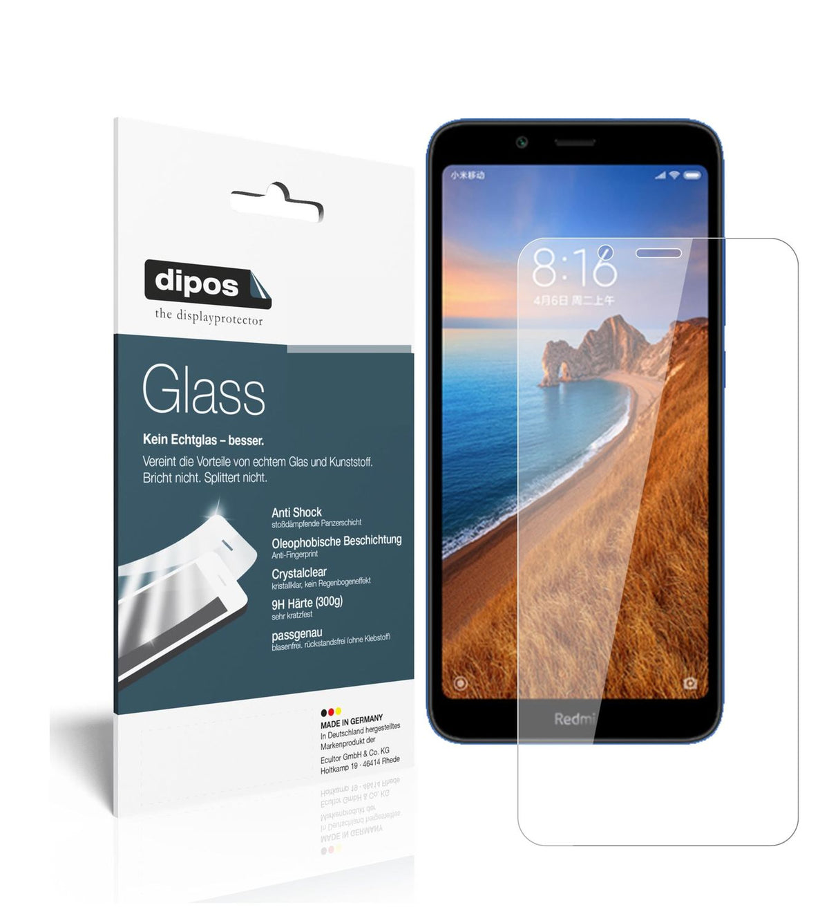 Klare Displayschutzfolie von dipos passend für Xiaomi Redmi 7A, 9H kratzfest und blasenfrei montiert