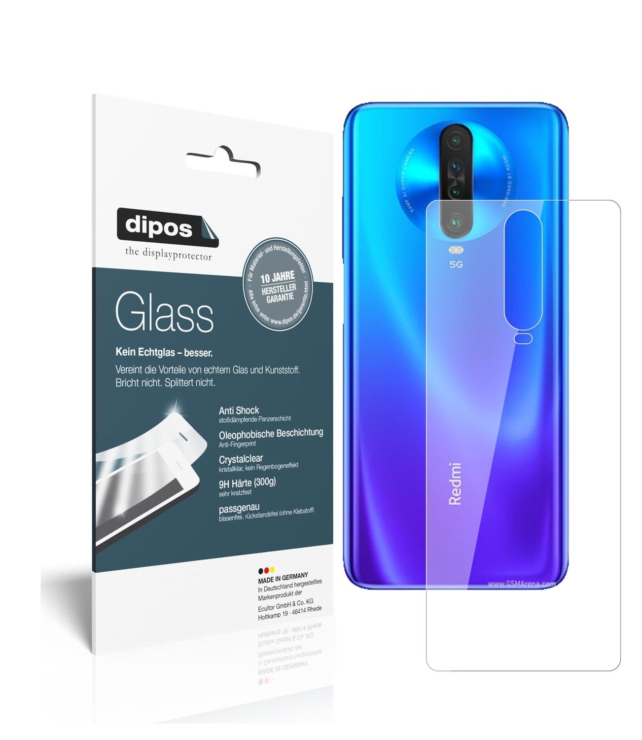 Klare Displayschutzfolie von dipos passend für Xiaomi Redmi K30 5G Racing Rückseite, 9H kratzfest und blasenfrei montiert