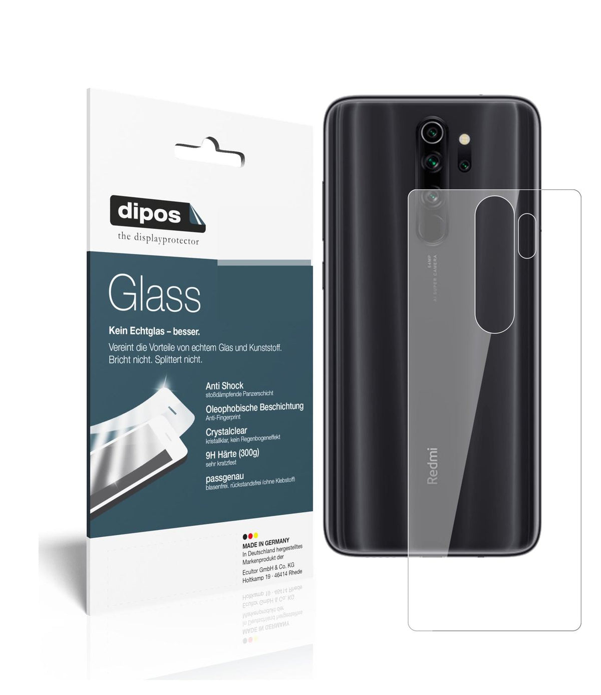 Klare Displayschutzfolie von dipos passend für Xiaomi Redmi Note 8 Pro Rückseite, 9H kratzfest und blasenfrei montiert
