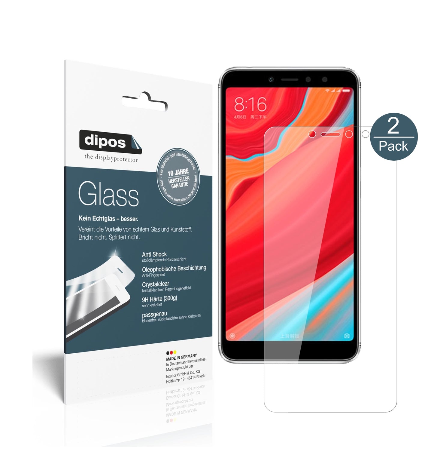 Klare Displayschutzfolie von dipos passend für Xiaomi Redmi Y2, 9H kratzfest und blasenfrei montiert