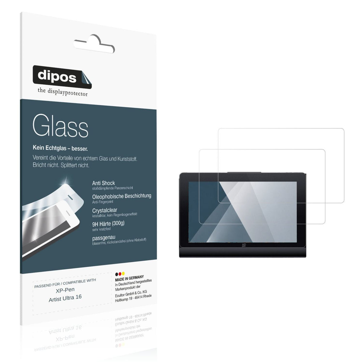 Klare Displayschutzfolie von dipos passend für XP-Pen Artist Ultra 16, 9H kratzfest und blasenfrei montiert