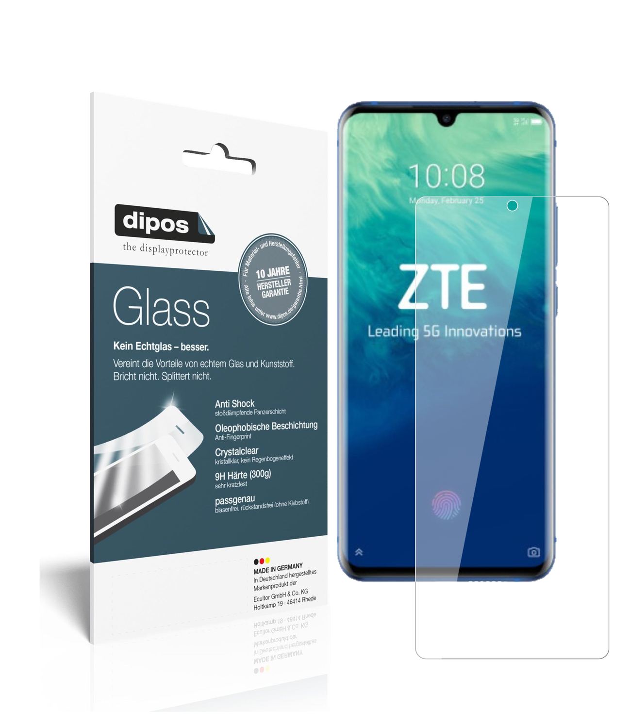 Klare Displayschutzfolie von dipos passend für ZTE Axon 10s Pro 5G, 9H kratzfest und blasenfrei montiert
