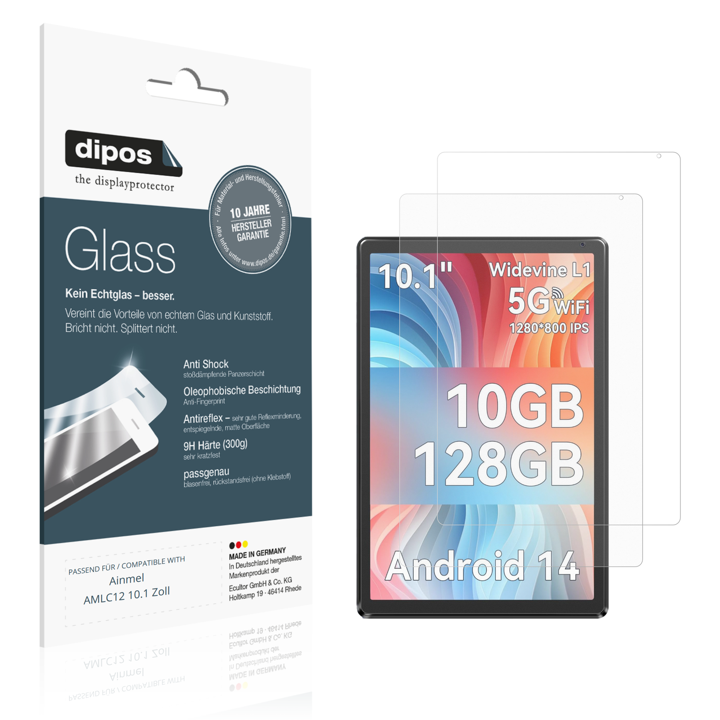 Matte Displayschutzfolie von dipos passend für Ainmel AMLC12 10.1 Zoll, 9H kratzfest und blasenfrei montiert