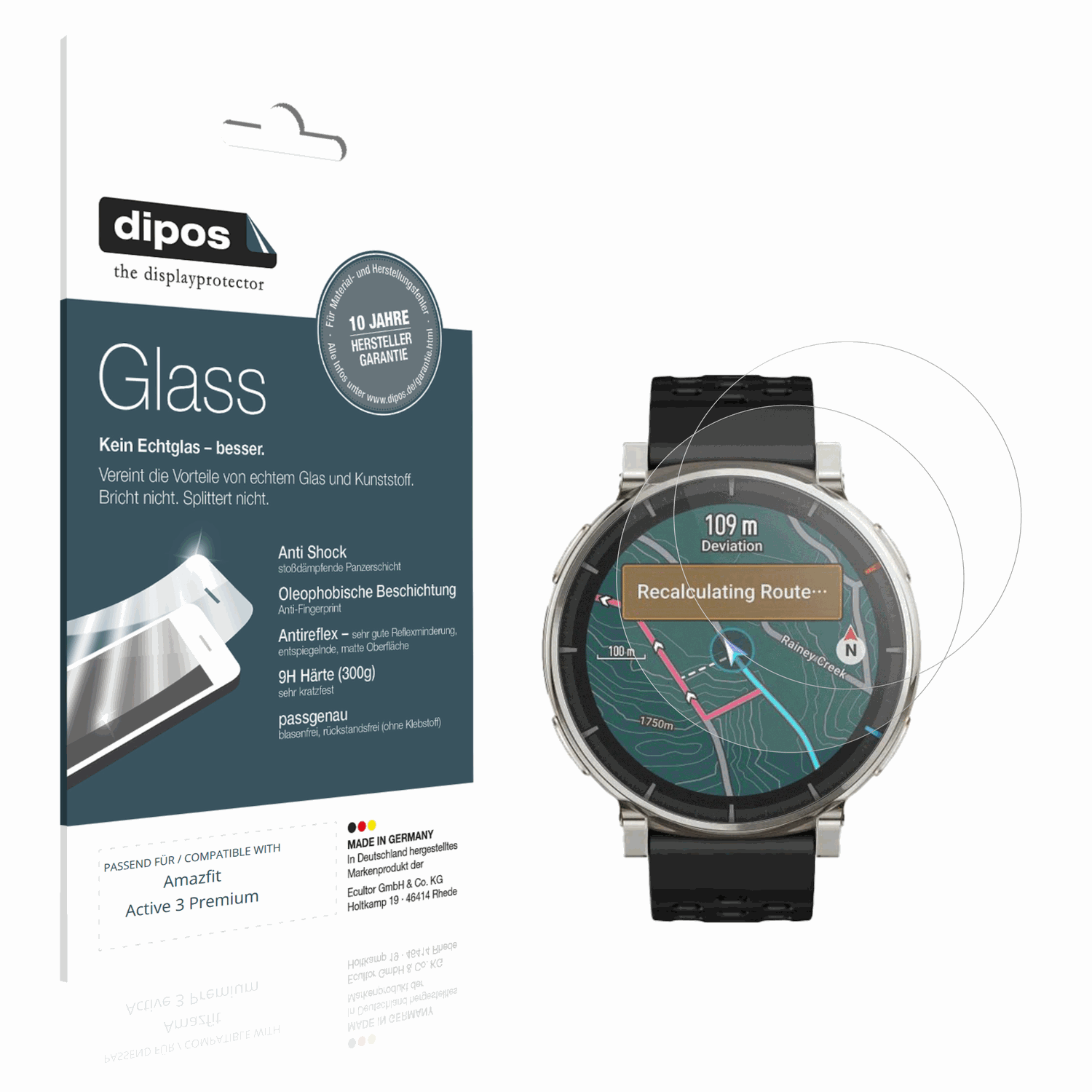 Matte Displayschutzfolie von dipos passend für Amazfit Active 3 Premium, 9H kratzfest und blasenfrei montiert