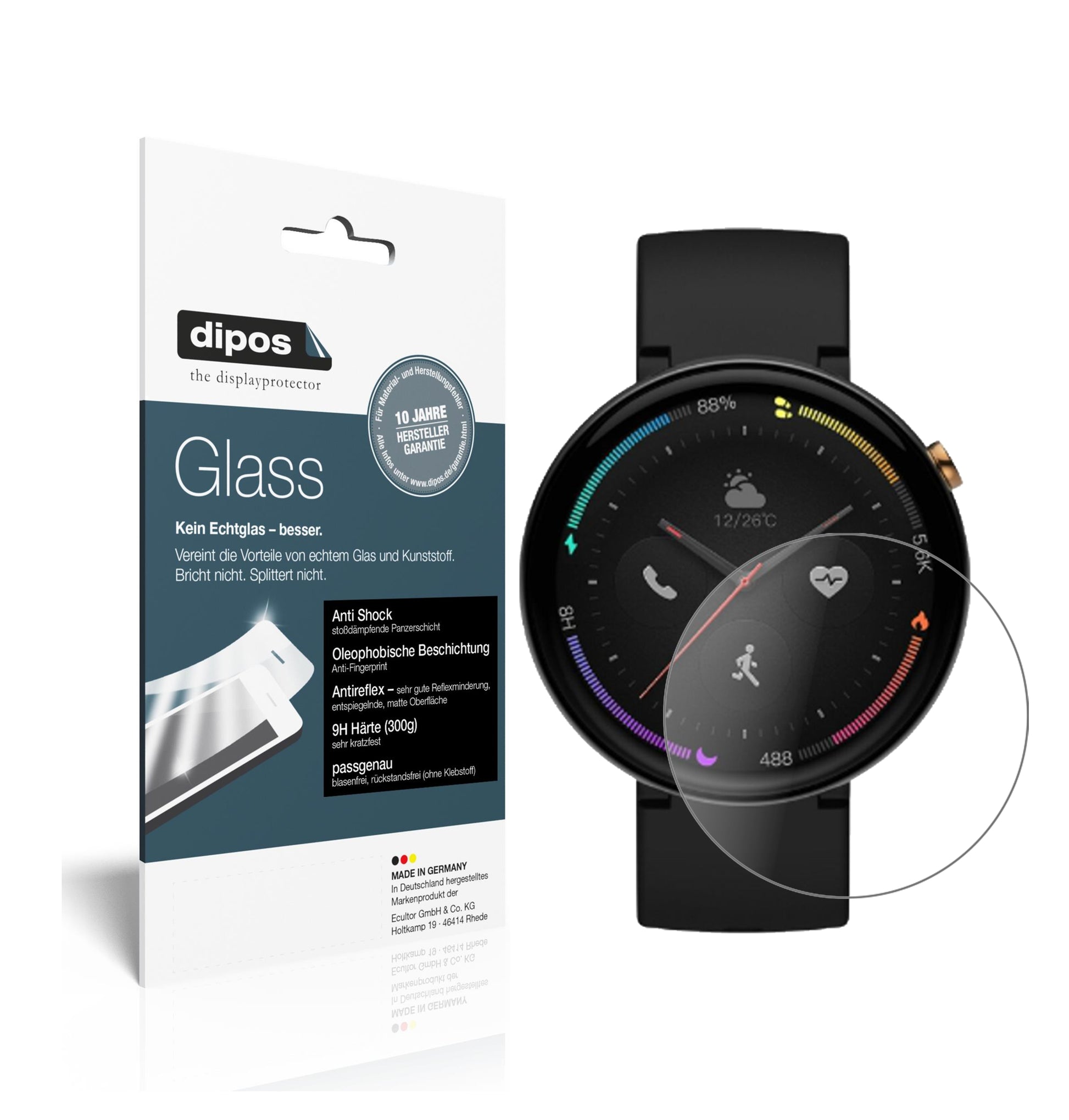 Matte Displayschutzfolie von dipos passend für Amazfit Verge 2, 9H kratzfest und blasenfrei montiert