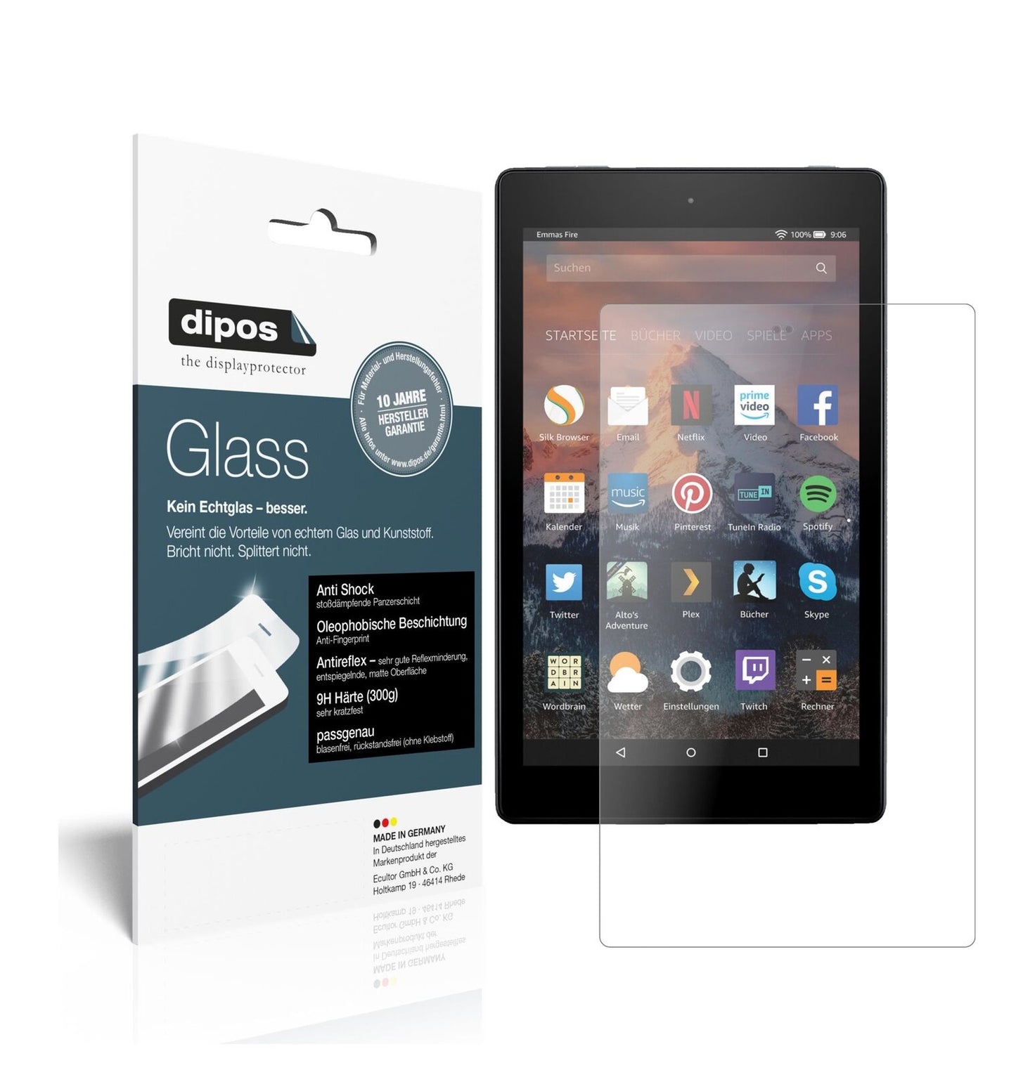 AmazonFire HD 8 (2018) mit aufgebrachter dipos Panzerfolie, die lästige Fingerabdrücke minimiert