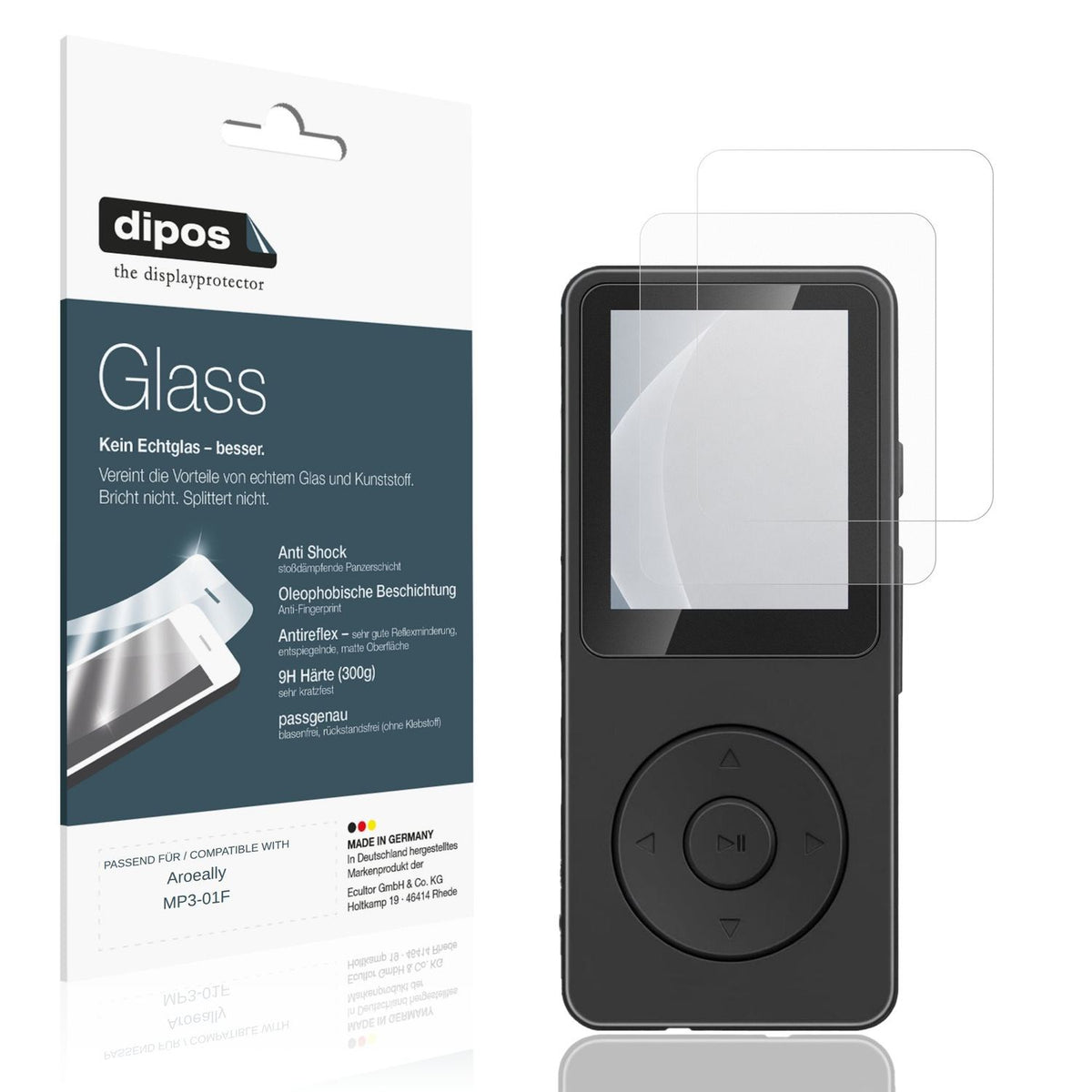 Matte Displayschutzfolie von dipos passend für Aroeally MP3-01F, 9H kratzfest und blasenfrei montiert