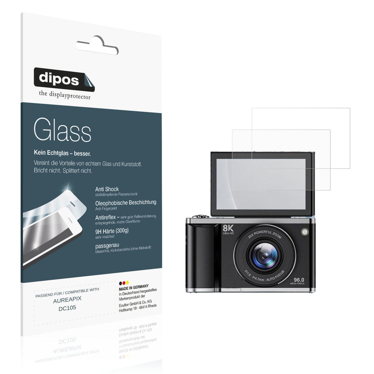 Matte Displayschutzfolie von dipos passend für AUREAPIX DC105, 9H kratzfest und blasenfrei montiert