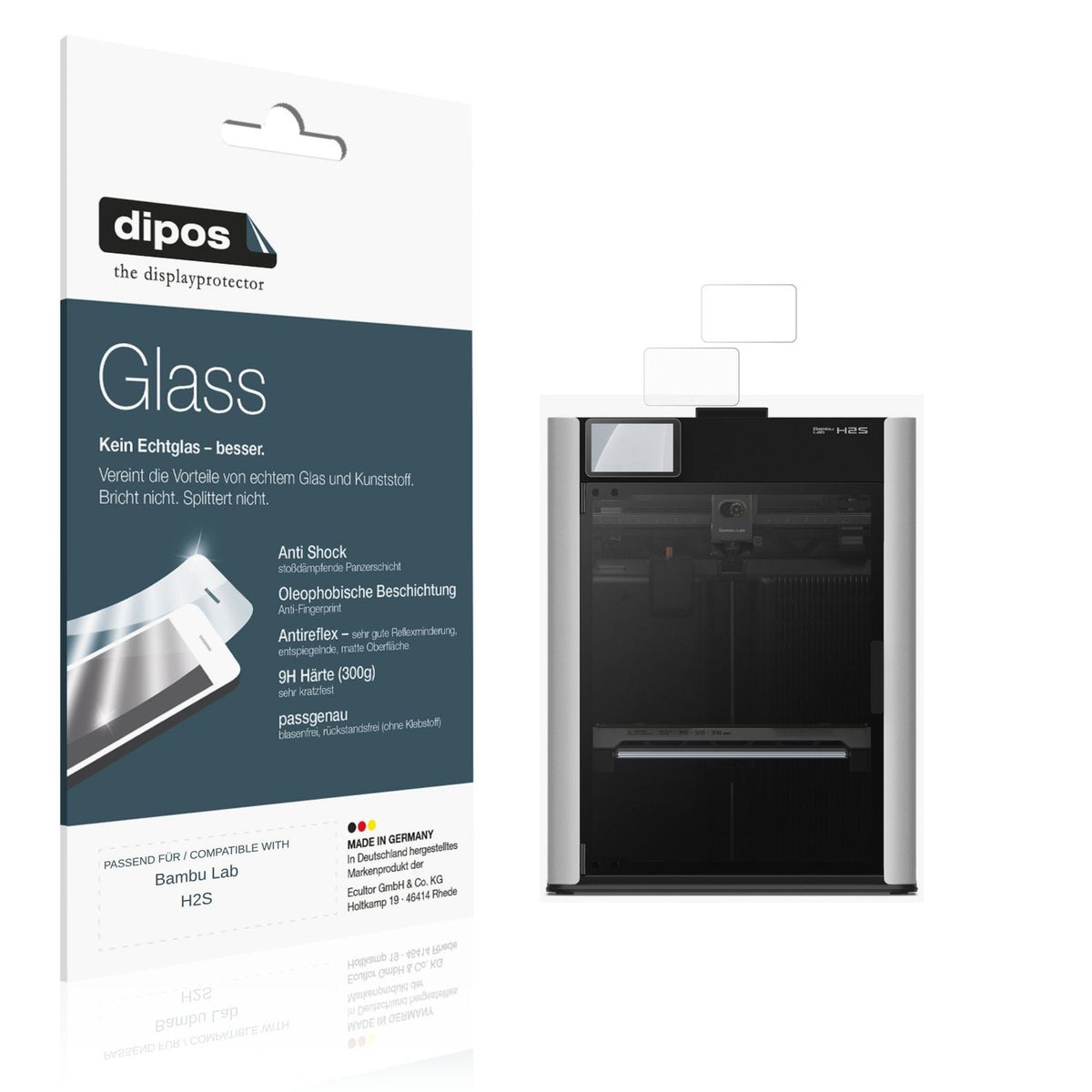 Matte Displayschutzfolie von dipos passend für Bambu Lab H2S, 9H kratzfest und blasenfrei montiert