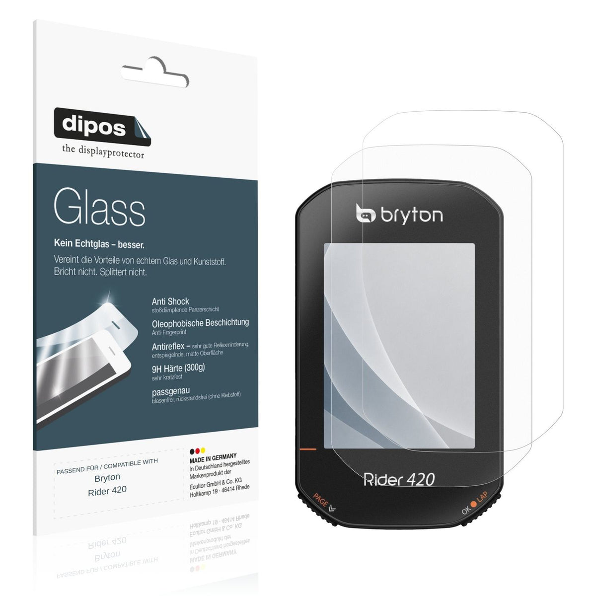 Matte Displayschutzfolie von dipos passend für Bryton Rider 420, 9H kratzfest und blasenfrei montiert
