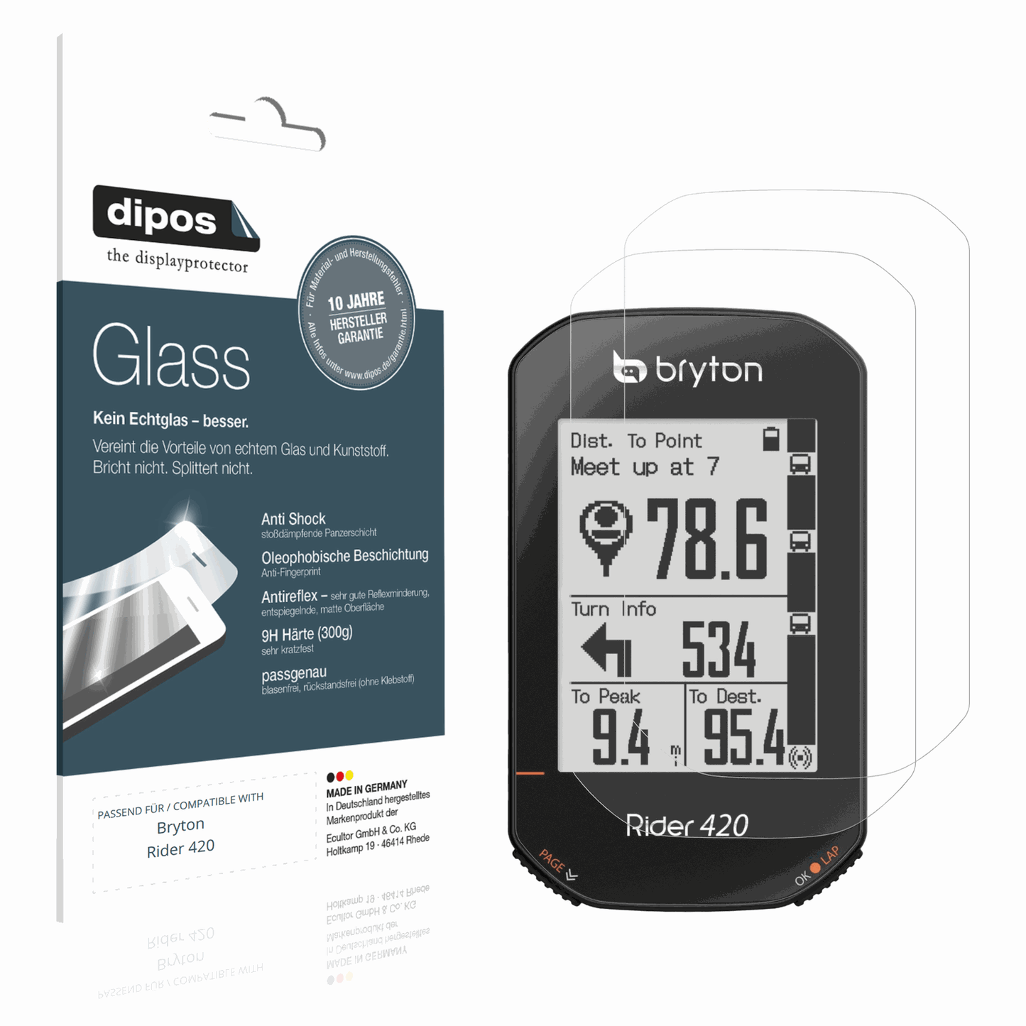 Matte Displayschutzfolie von dipos passend für Bryton Rider 420, 9H kratzfest und blasenfrei montiert