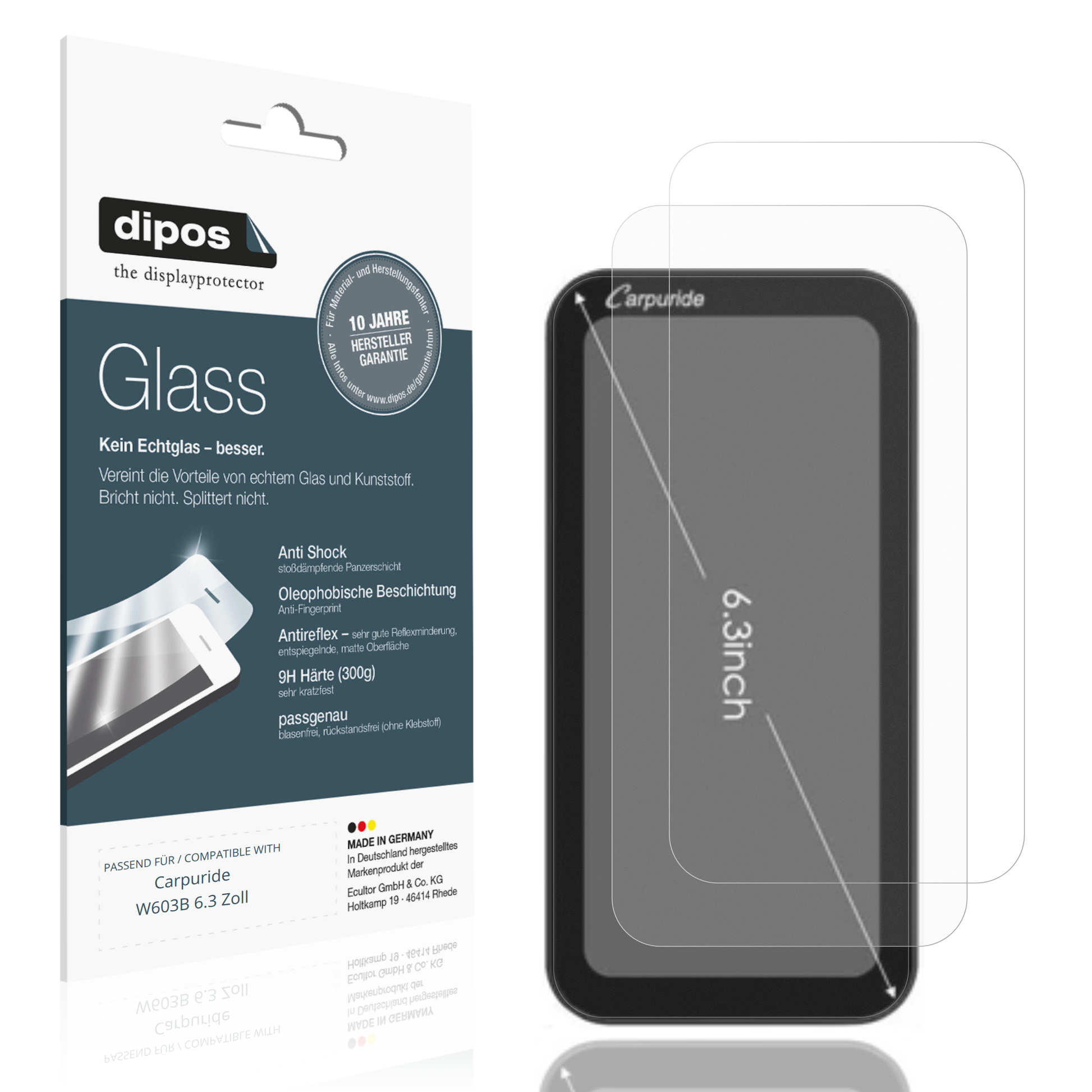 Matte Displayschutzfolie von dipos passend für Carpuride W603B 6.3 Zoll, 9H kratzfest und blasenfrei montiert