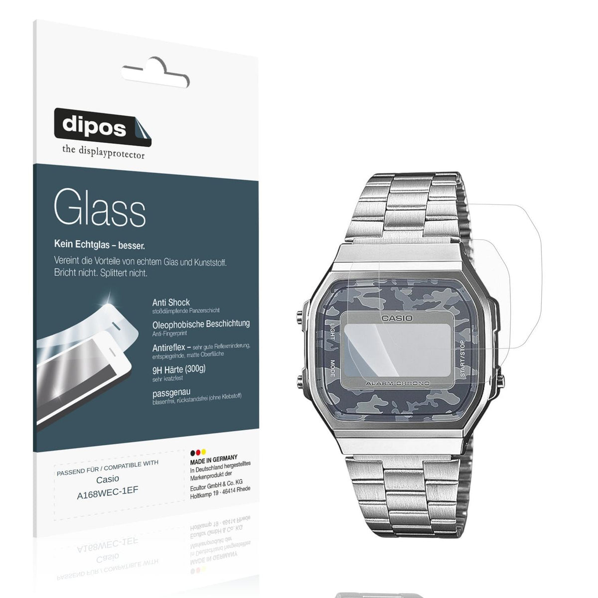 Matte Displayschutzfolie von dipos passend f�r Casio A168WEC-1EF, 9H kratzfest und blasenfrei montiert
