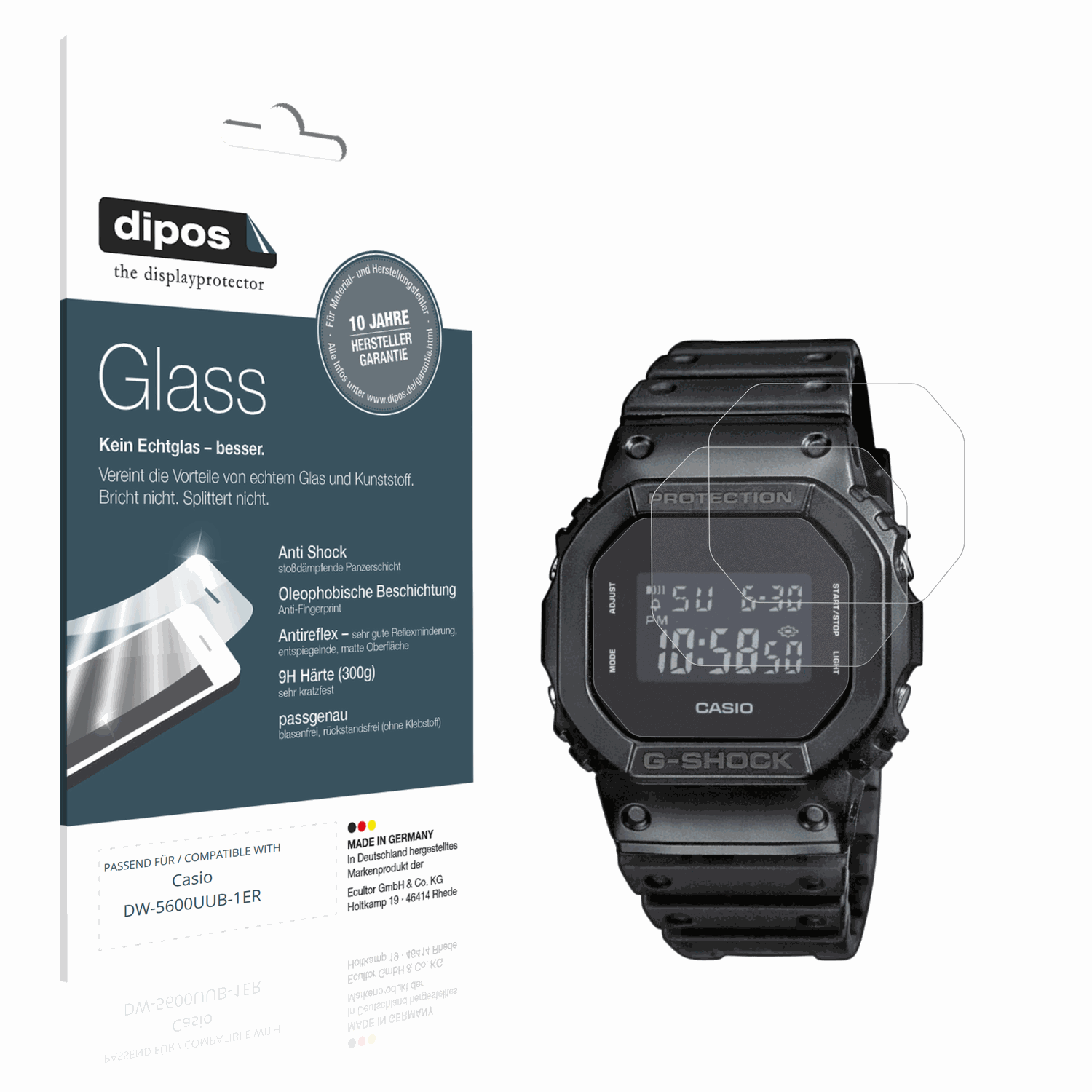Matte Displayschutzfolie von dipos passend für Casio DW-5600UUB-1ER, 9H kratzfest und blasenfrei montiert