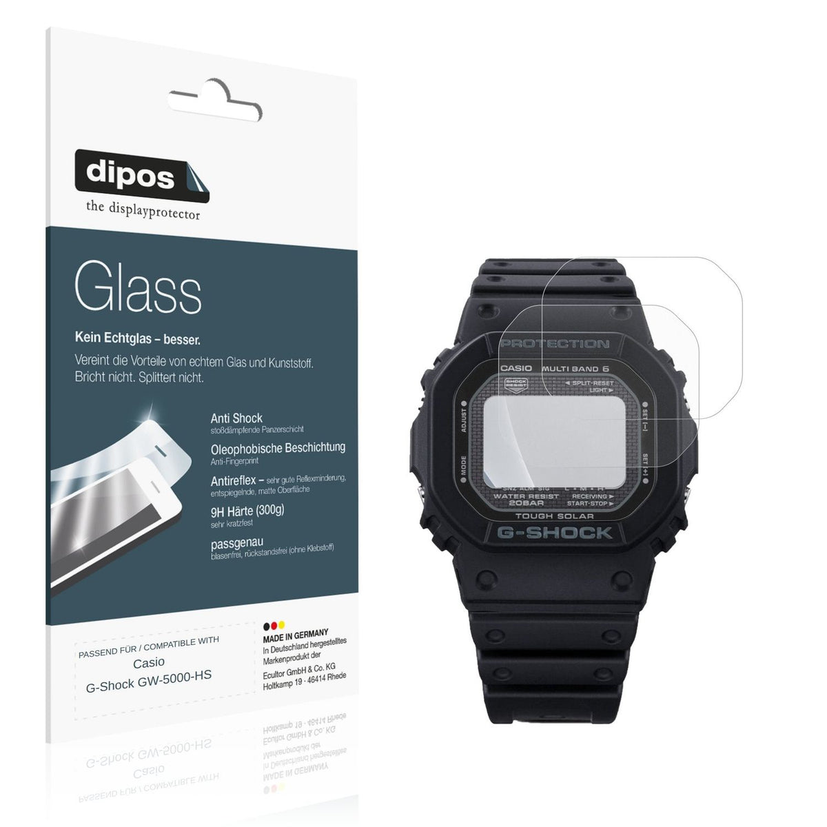 Matte Displayschutzfolie von dipos passend für Casio G-Shock GW-5000-HS, 9H kratzfest und blasenfrei montiert