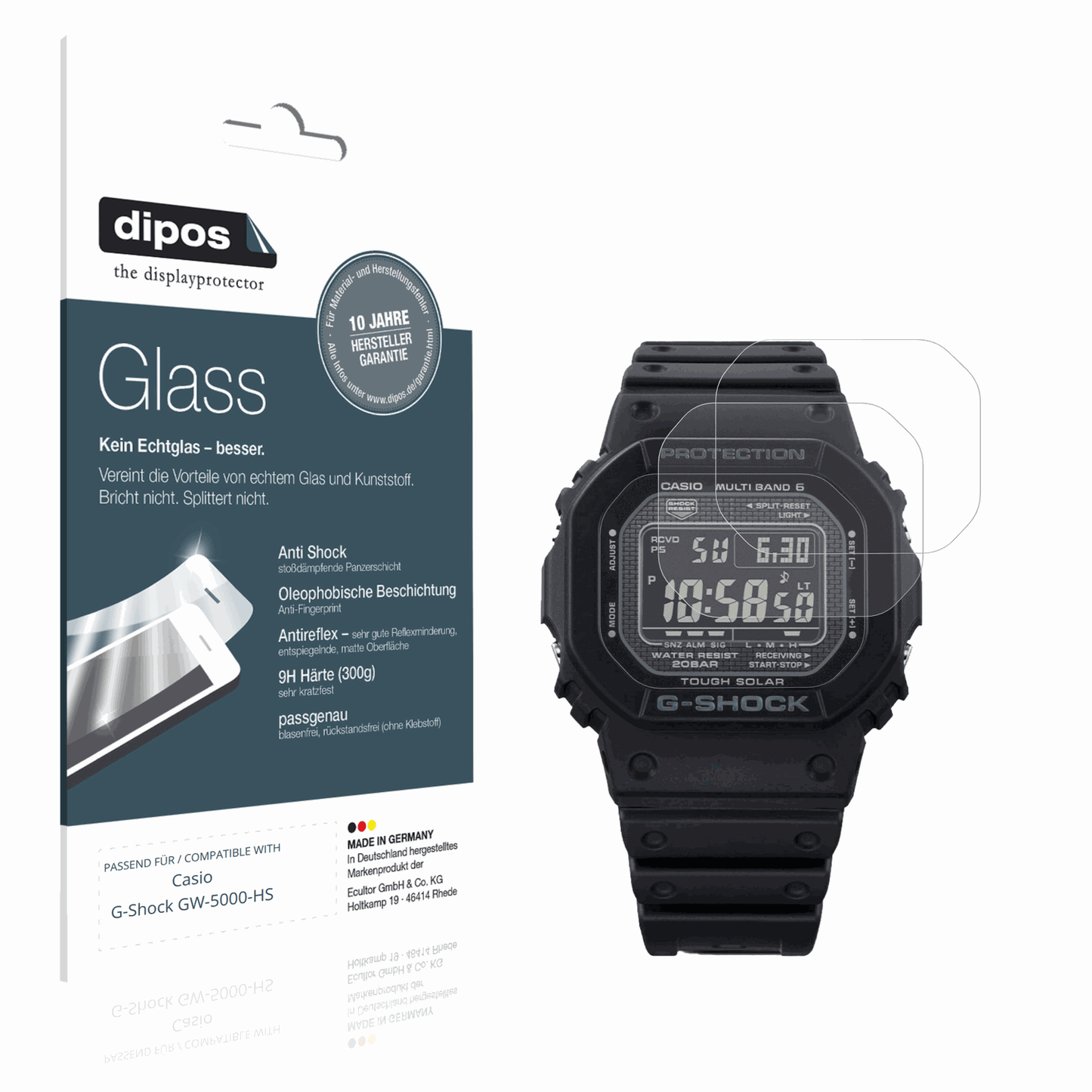 Matte Displayschutzfolie von dipos passend für Casio G-Shock GW-5000-HS, 9H kratzfest und blasenfrei montiert