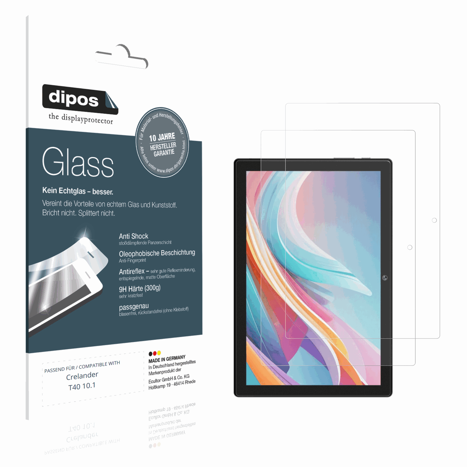 Matte Displayschutzfolie von dipos passend für Crelander T40 10.1, 9H kratzfest und blasenfrei montiert