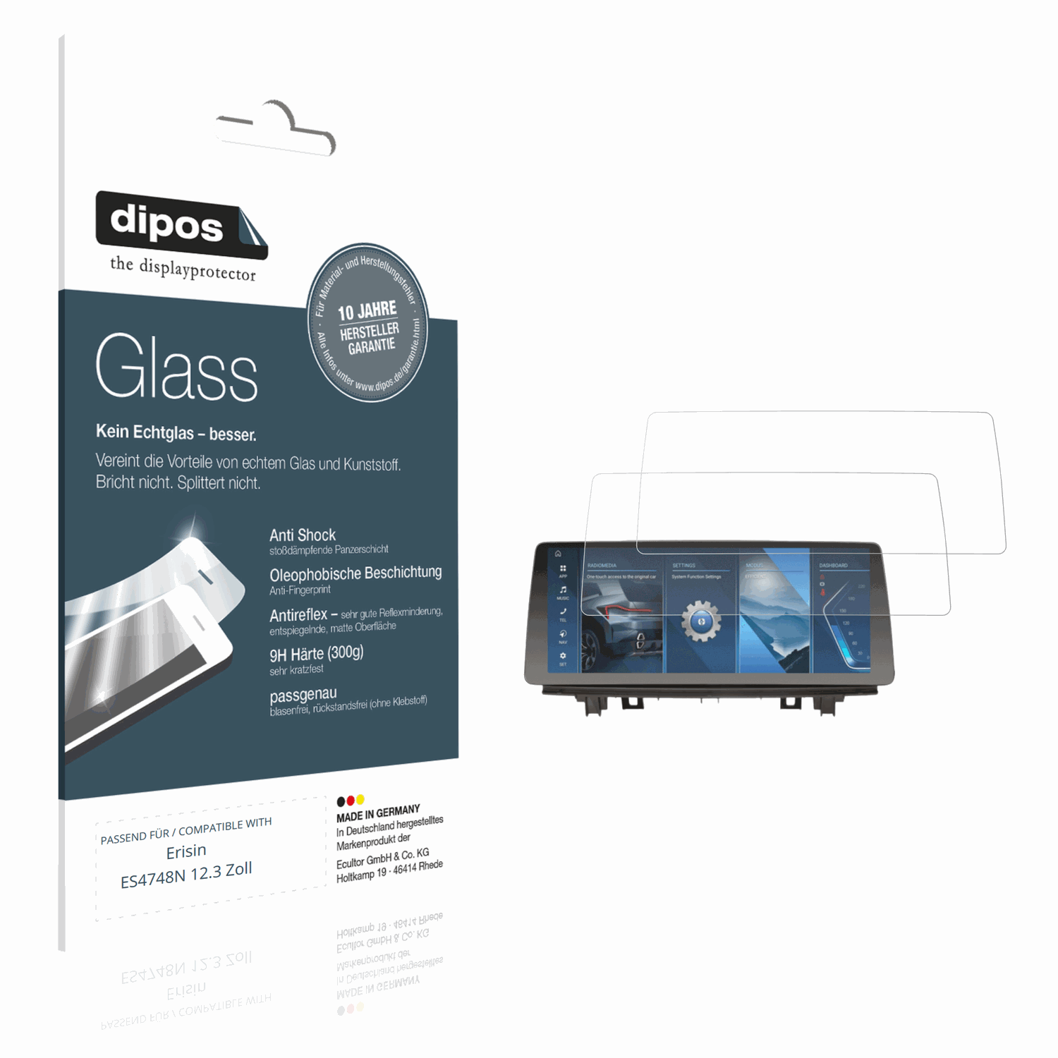 Matte Displayschutzfolie von dipos passend für Erisin ES4748N 12.3 Zoll, 9H kratzfest und blasenfrei montiert