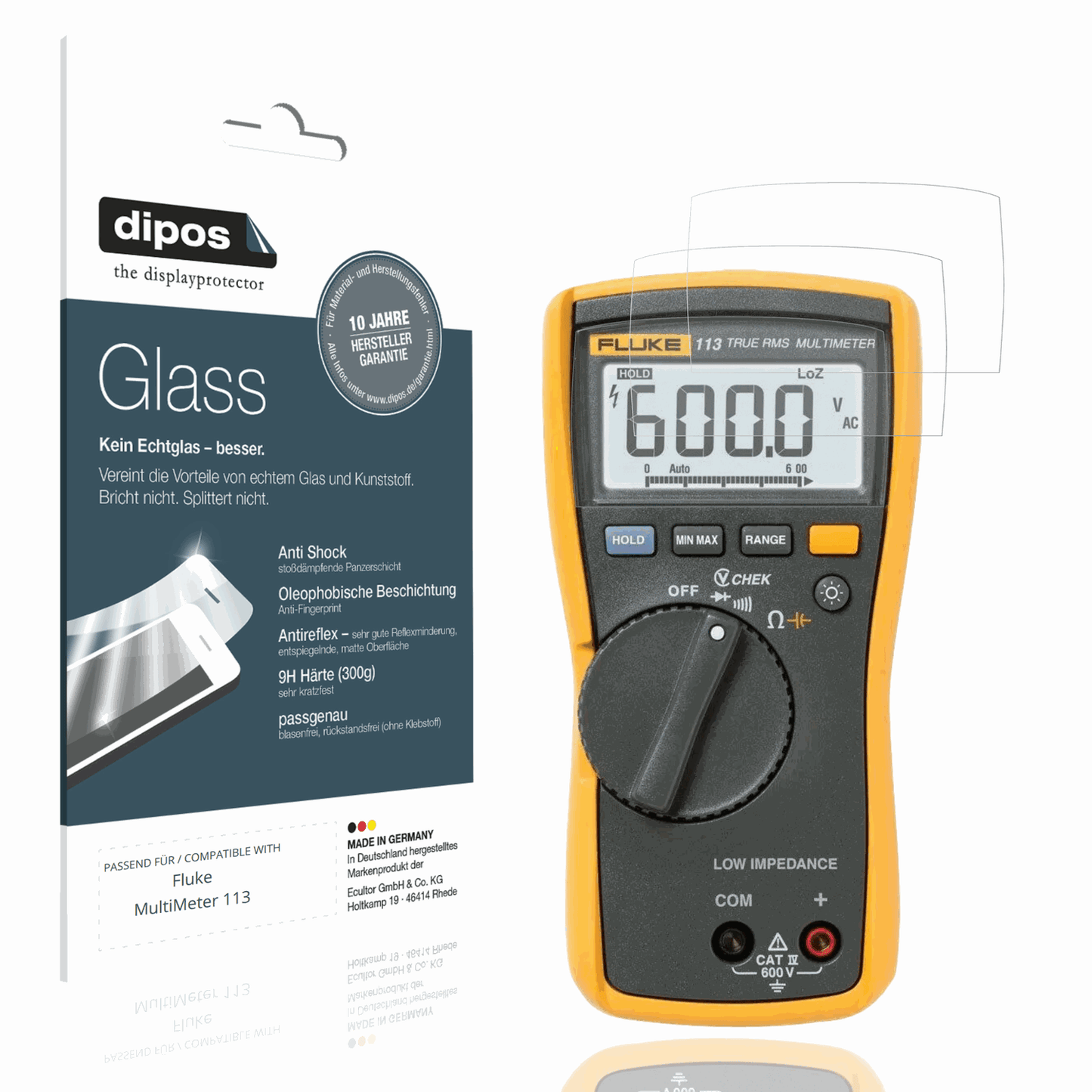 Matte Displayschutzfolie von dipos passend f�r Fluke MultiMeter 113, 9H kratzfest und blasenfrei montiert