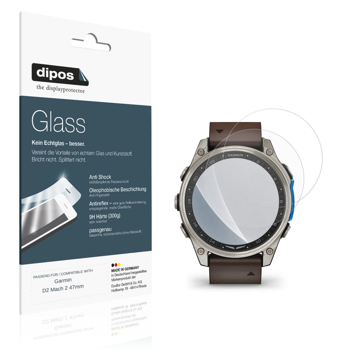 Matte Displayschutzfolie von dipos passend für Garmin D2 Mach 2 47mm, 9H kratzfest und blasenfrei montiert