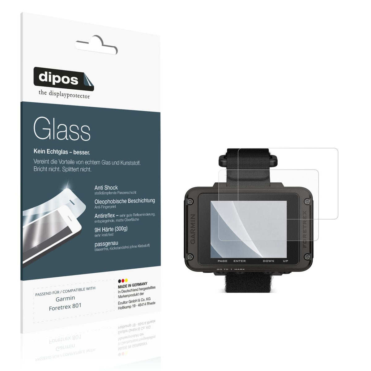 Matte Displayschutzfolie von dipos passend für Garmin Foretrex 801, 9H kratzfest und blasenfrei montiert