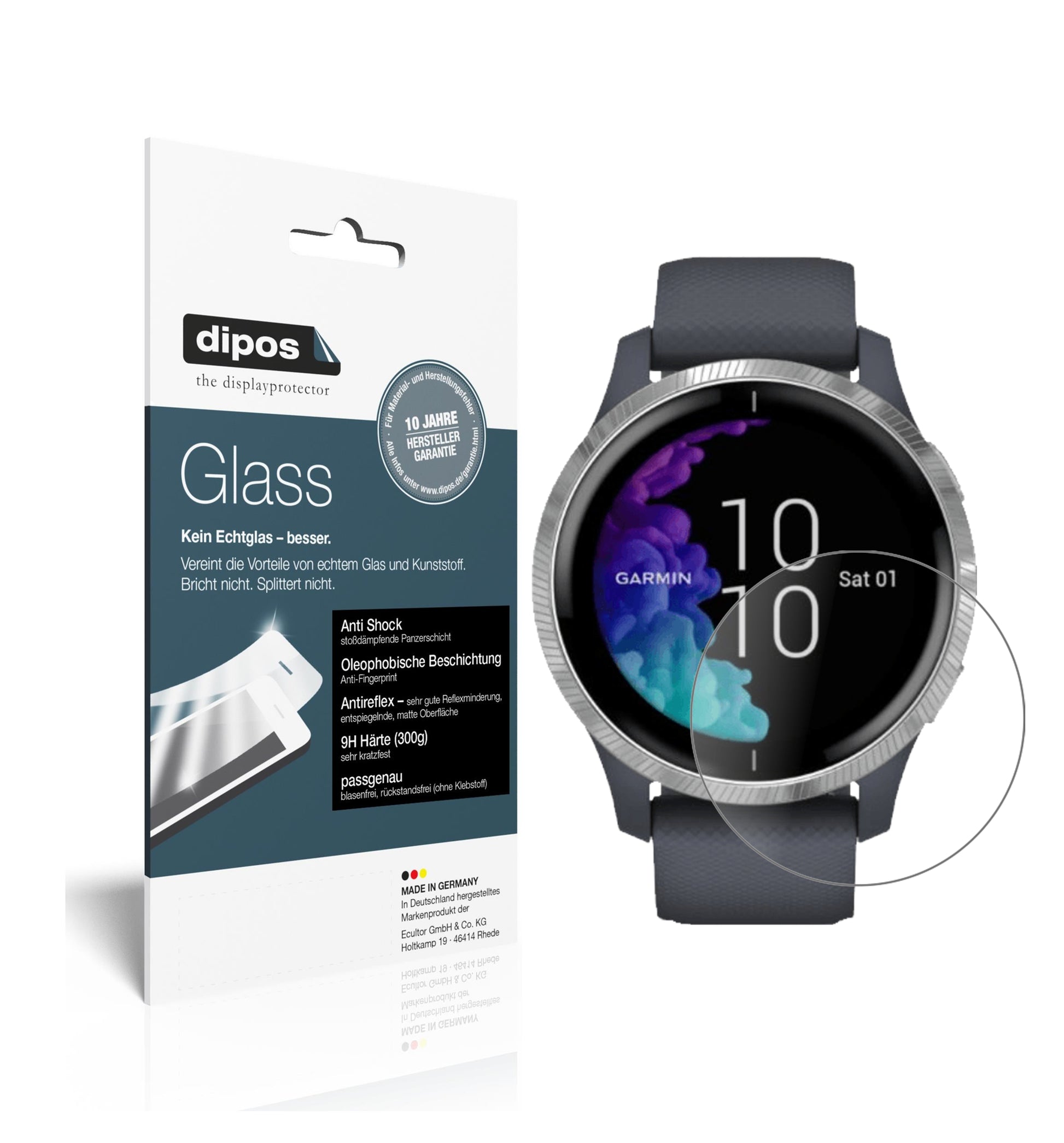 Matte Displayschutzfolie von dipos passend für Garmin Venu (43mm), 9H kratzfest und blasenfrei montiert