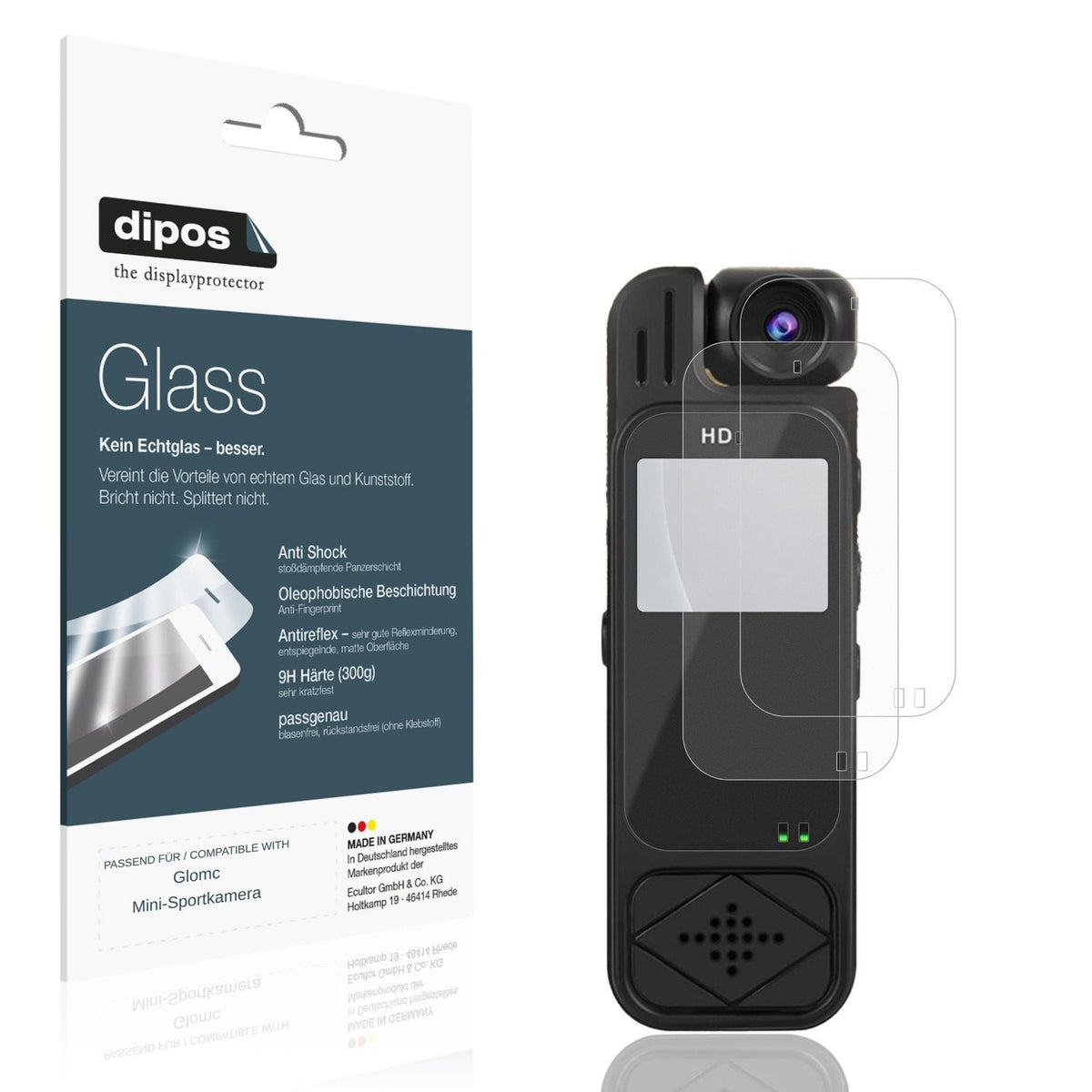 Matte Displayschutzfolie von dipos passend für Glomc Mini-Sportkamera, 9H kratzfest und blasenfrei montiert