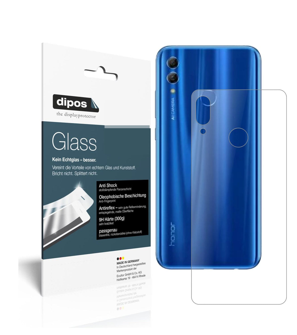 Matte Displayschutzfolie von dipos passend für Honor 10i Rückseite, 9H kratzfest und blasenfrei montiert