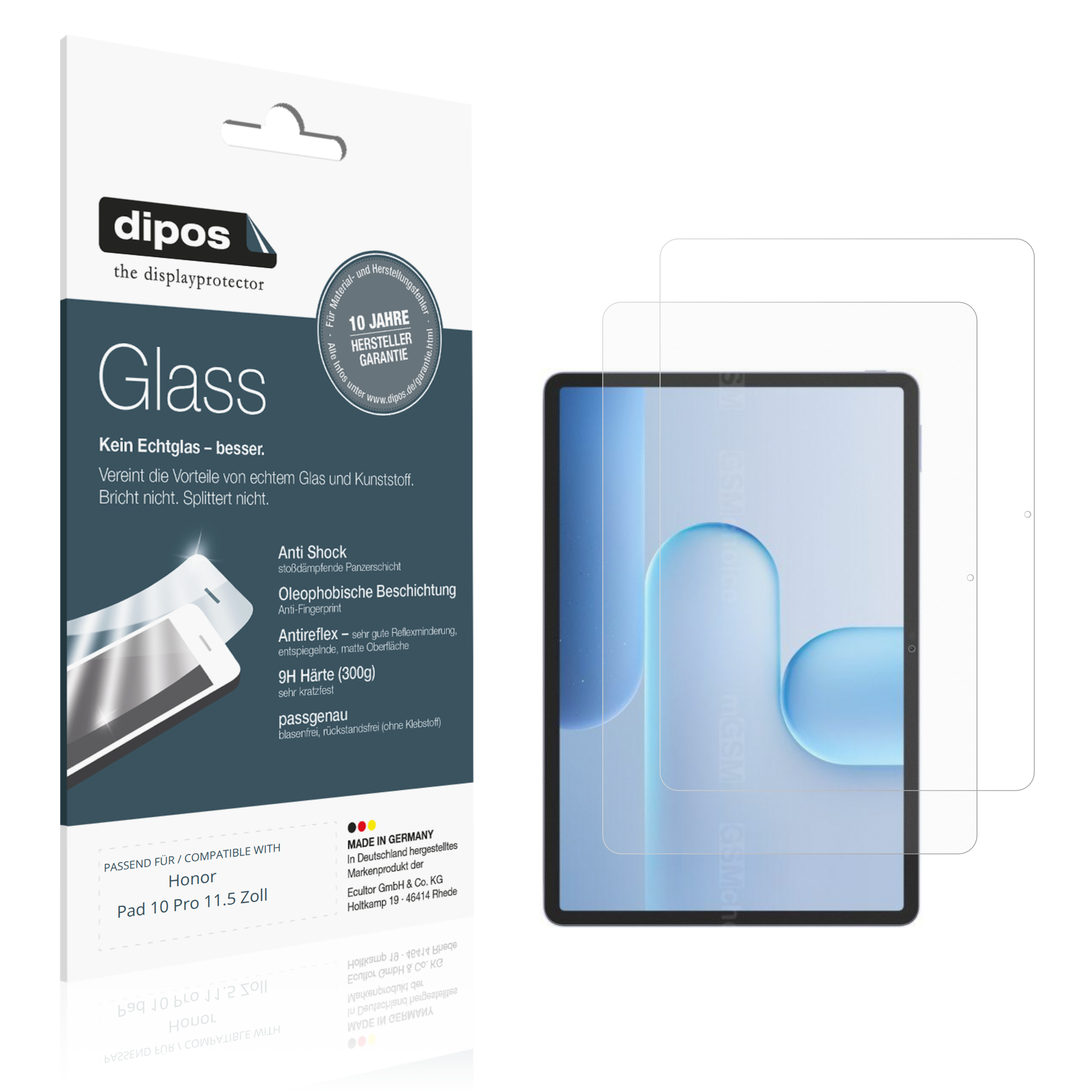 Matte Displayschutzfolie von dipos passend für Honor Pad 10 Pro 11.5 Zoll, 9H kratzfest und blasenfrei montiert