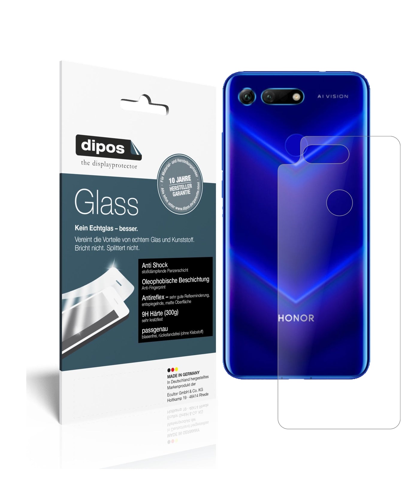 Matte Displayschutzfolie von dipos passend für Honor V20 Rückseite, 9H kratzfest und blasenfrei montiert