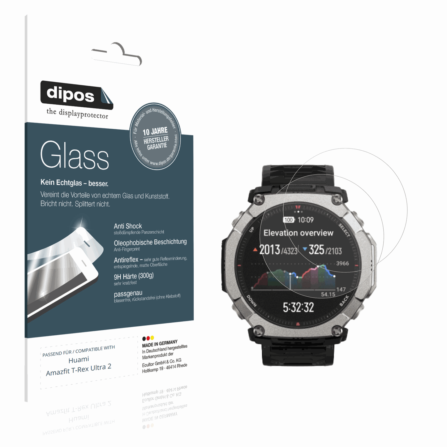 Matte Displayschutzfolie von dipos passend für Huami Amazfit T-Rex Ultra 2, 9H kratzfest und blasenfrei montiert