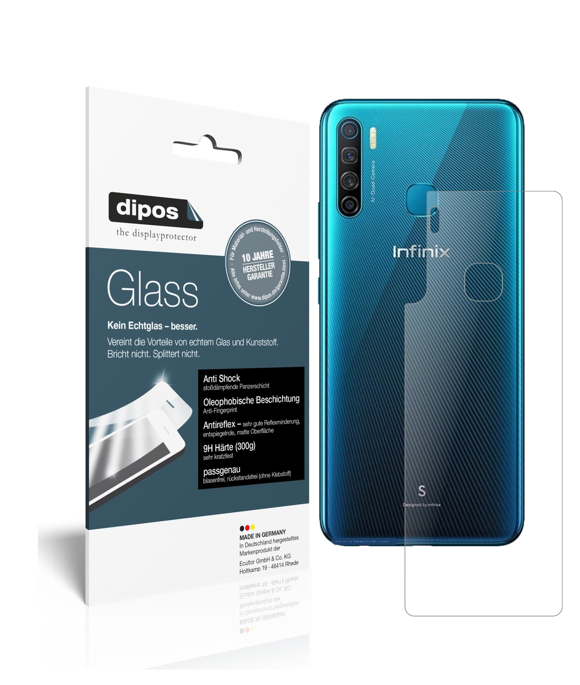 Matte Displayschutzfolie von dipos passend für Infinix S5 Rückseite, 9H kratzfest und blasenfrei montiert