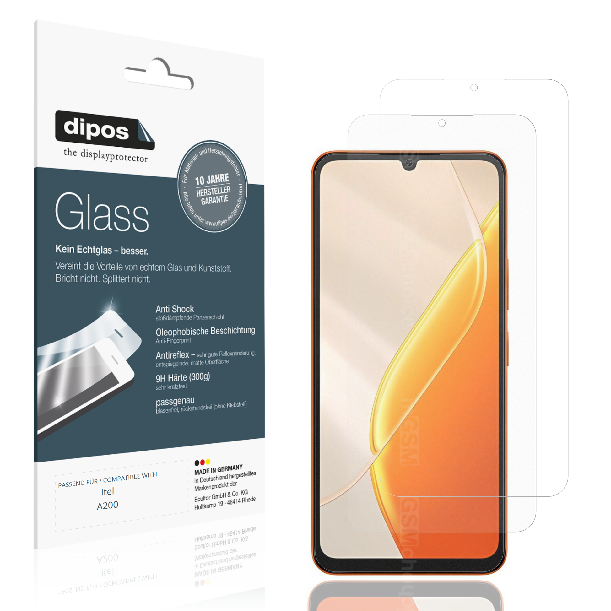 Matte Displayschutzfolie von dipos passend für Itel A200, 9H kratzfest und blasenfrei montiert